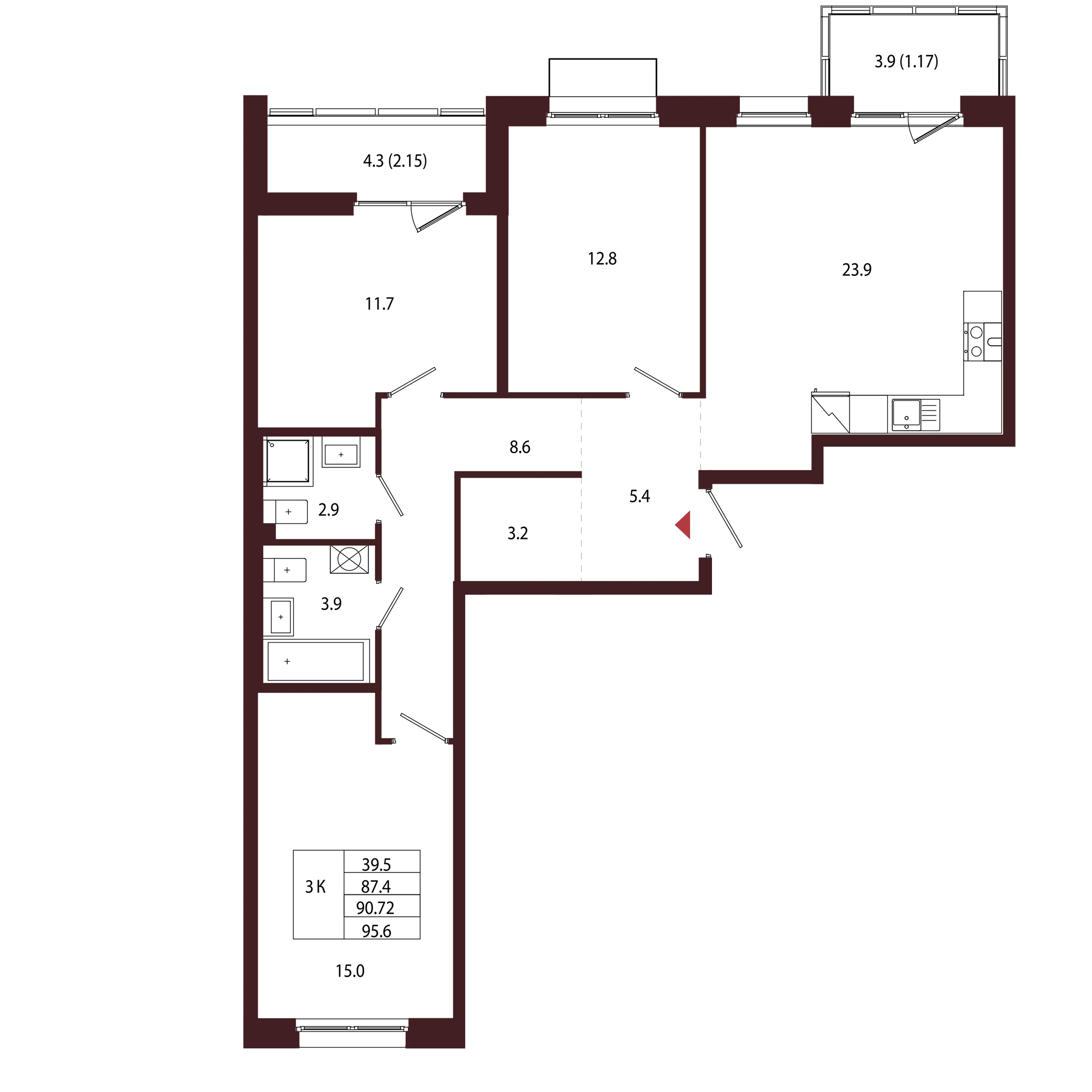 Планировка 3-комнатная 90,7 м² в ЖК «Город-парк «Лисино» — Город-парк «Лисино»