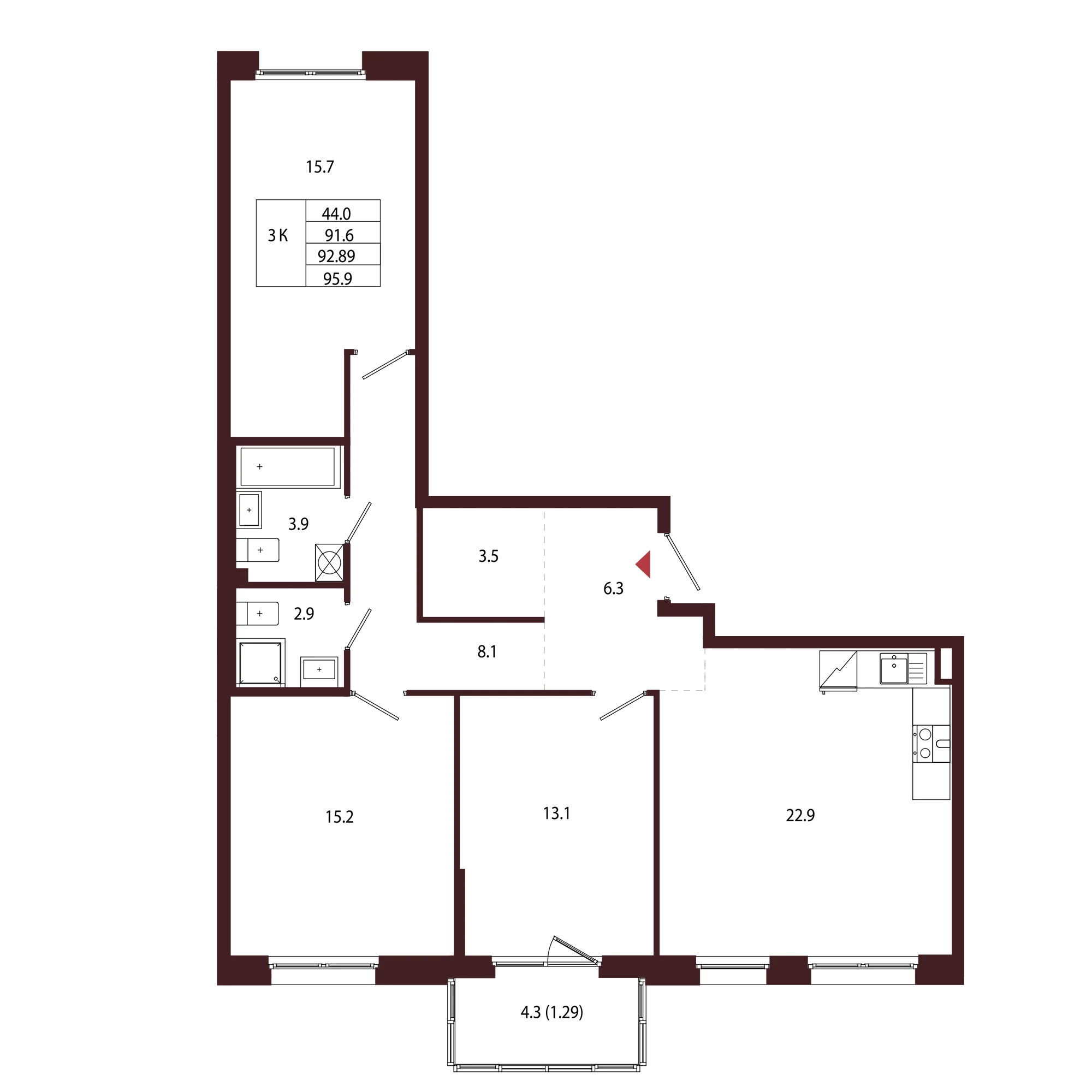 Планировка 3-комнатная 92,9 м² в ЖК «Город-парк «Лисино» — Город-парк «Лисино»