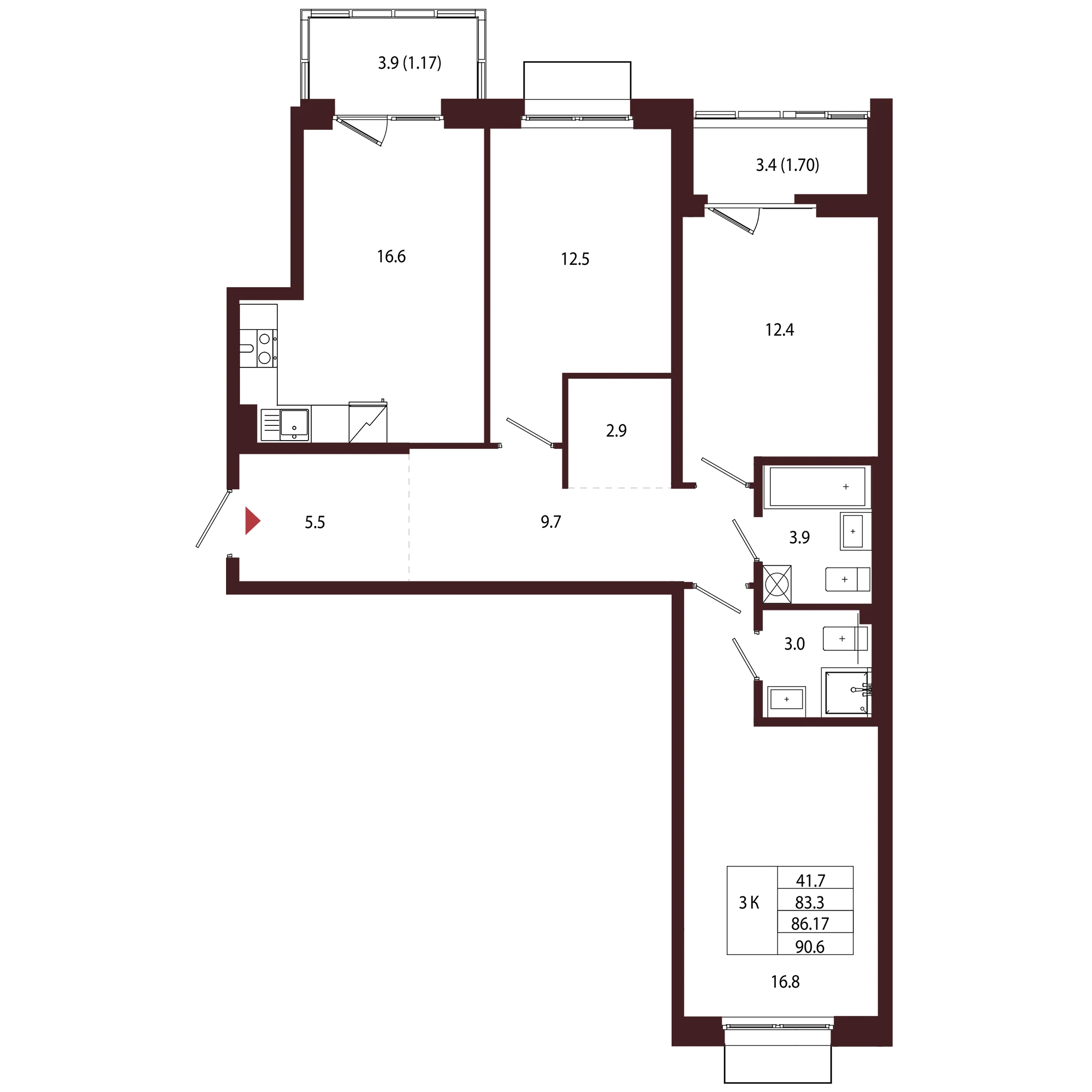Планировка 3-комнатная 86,2 м² в ЖК «Город-парк «Лисино» — Город-парк «Лисино»