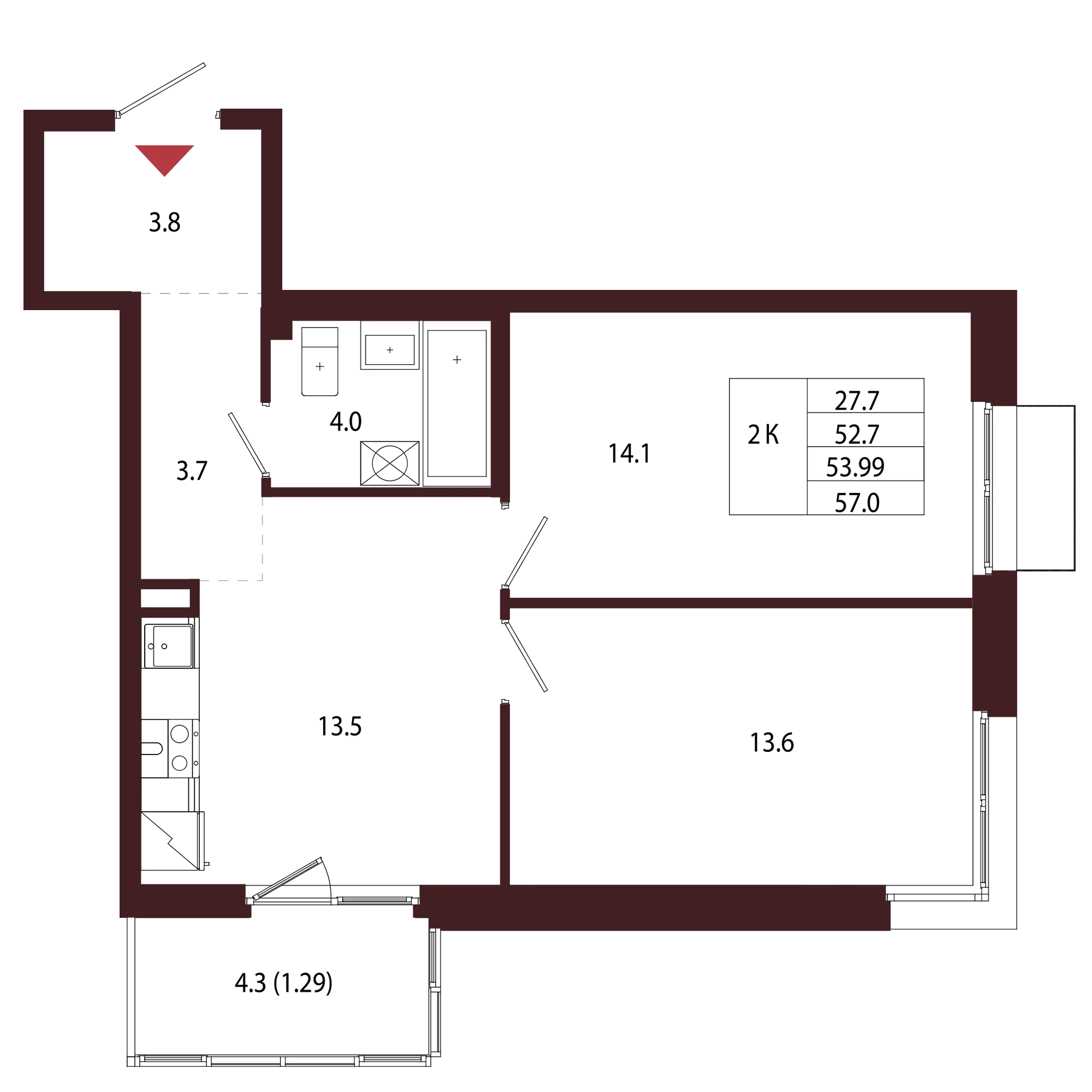 Планировка 2-комнатная 54 м² в ЖК «Город-парк «Лисино» — Город-парк «Лисино»
