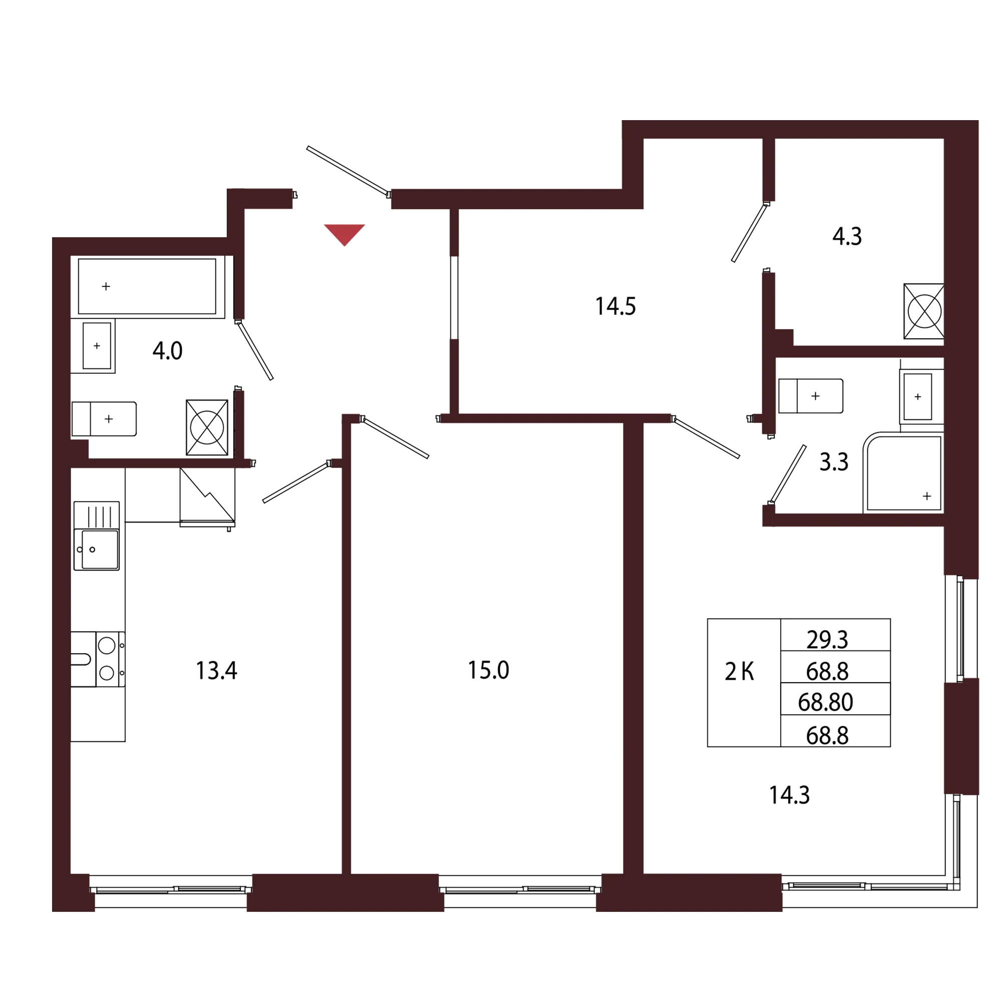Планировка 2-комнатная 68,8 м² в ЖК «Город-парк «Лисино» — Город-парк «Лисино»