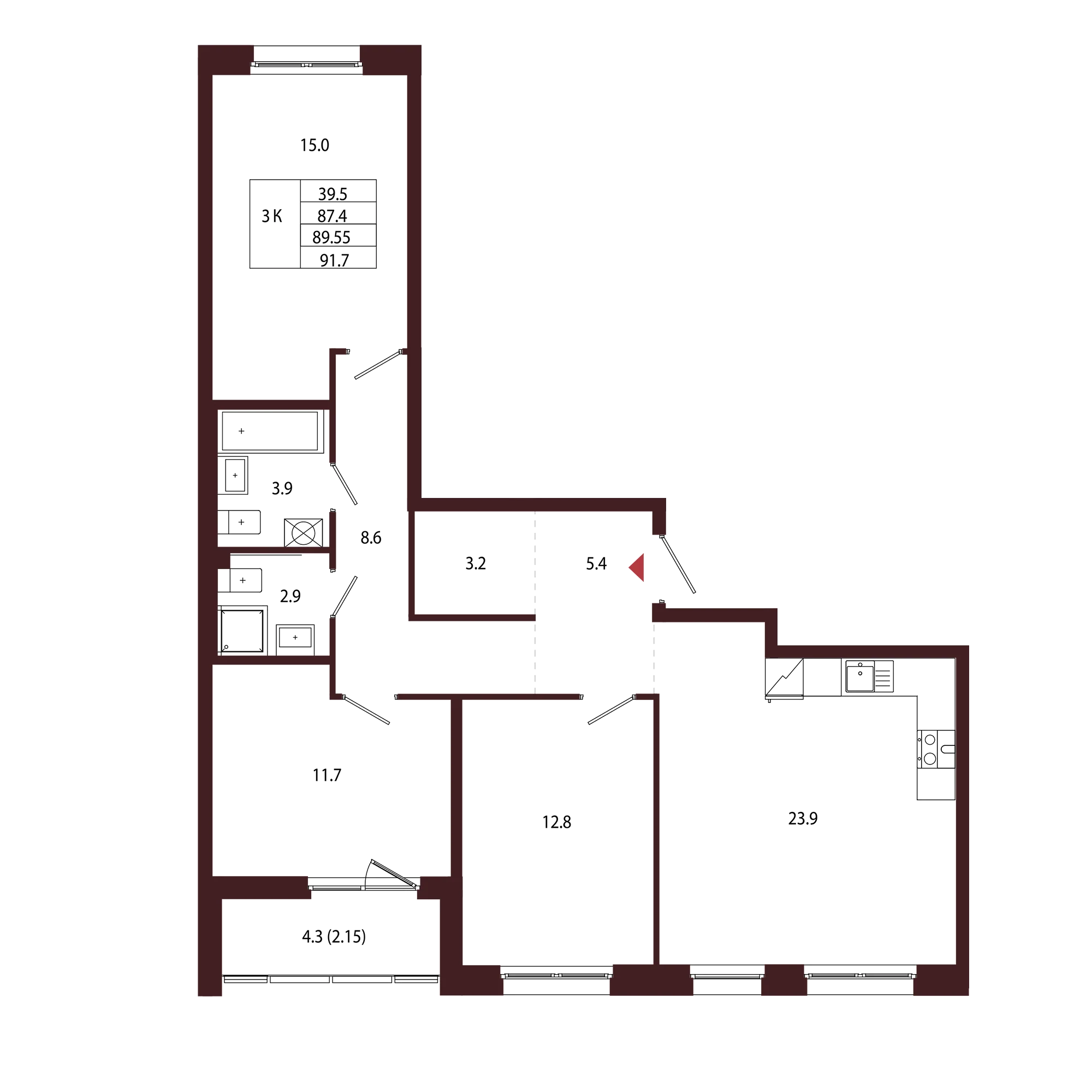 Планировка 3-комнатная 89,5 м² в ЖК «Город-парк «Лисино» — Город-парк «Лисино»