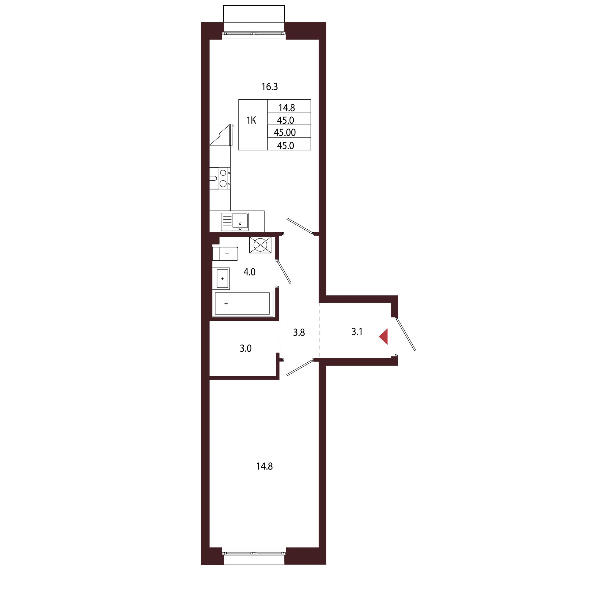 Планировка 1-комнатная 45 м² в ЖК «Город-парк «Лисино» — Город-парк «Лисино»