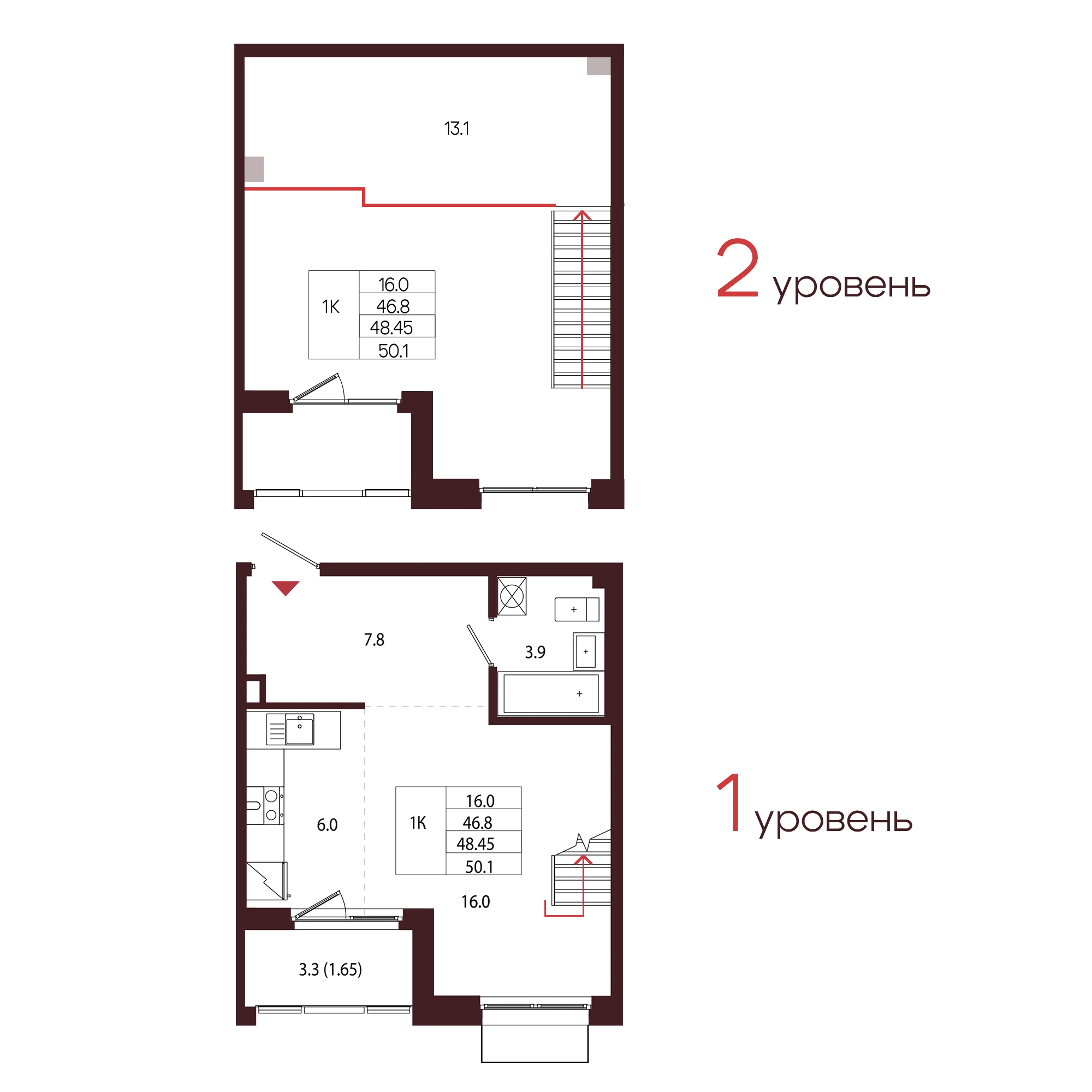 Планировка 1-комнатная 48,5 м² в ЖК «Город-парк «Лисино» — Город-парк «Лисино»