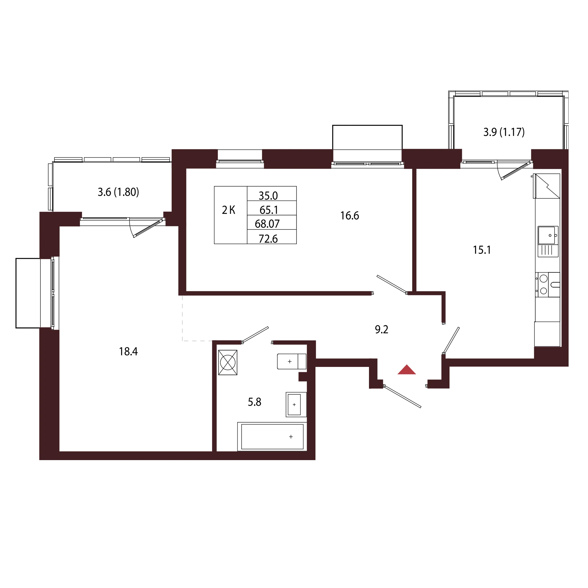 Планировка 2-комнатная 68,1 м² в ЖК «Город-парк «Лисино» — Город-парк «Лисино»