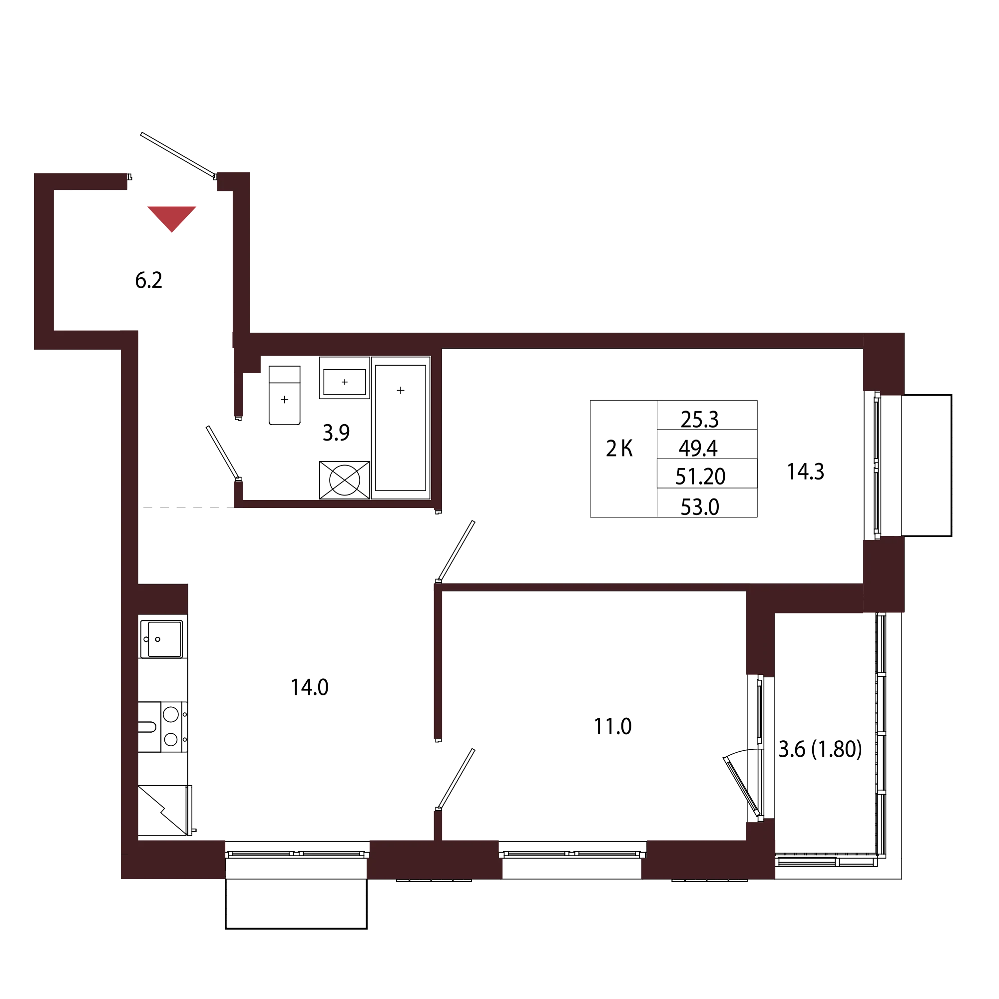 Планировка 2-комнатная 51,2 м² в ЖК «Город-парк «Лисино» — Город-парк «Лисино»