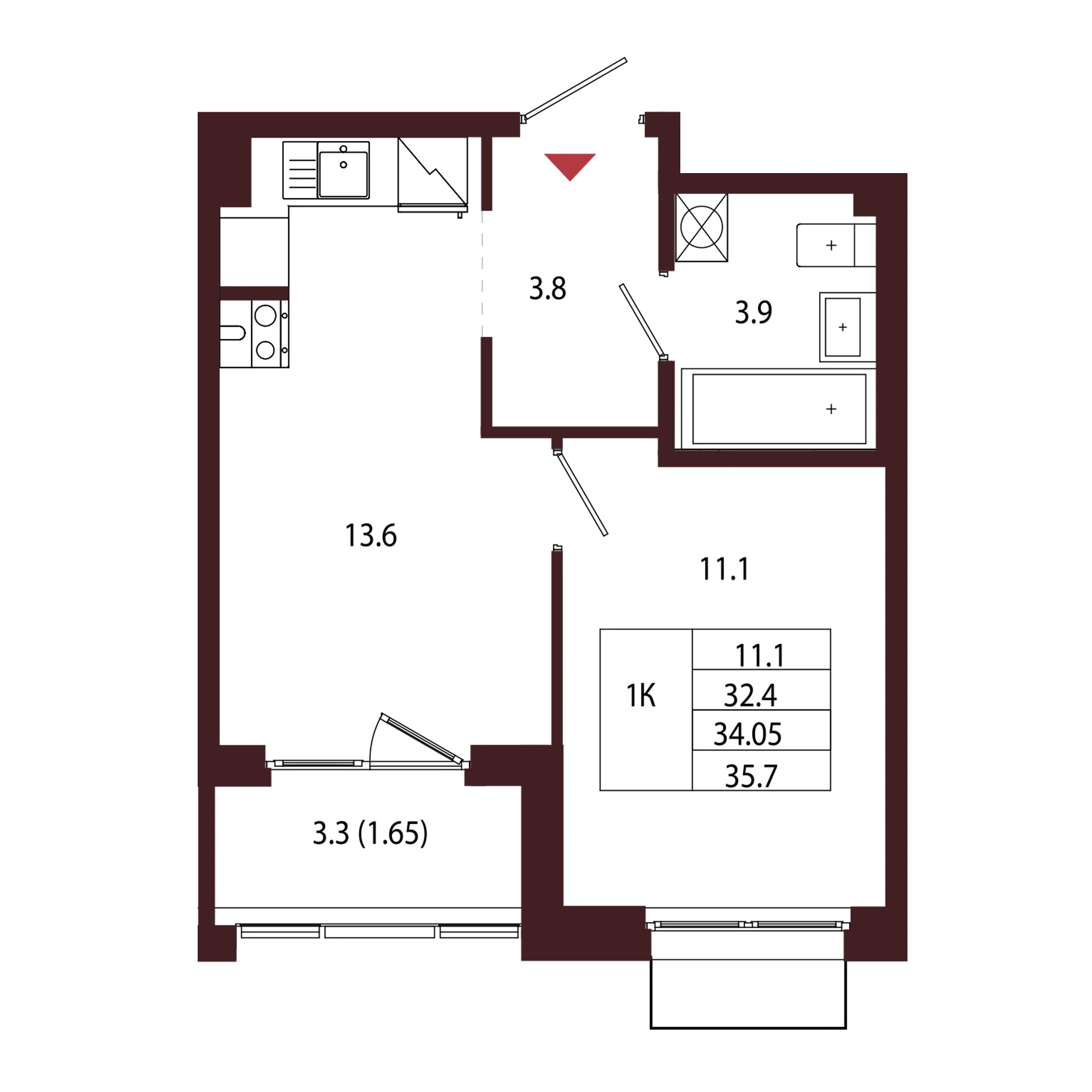 Планировка 1-комнатная 34 м² в ЖК «Город-парк «Лисино» — Город-парк «Лисино»