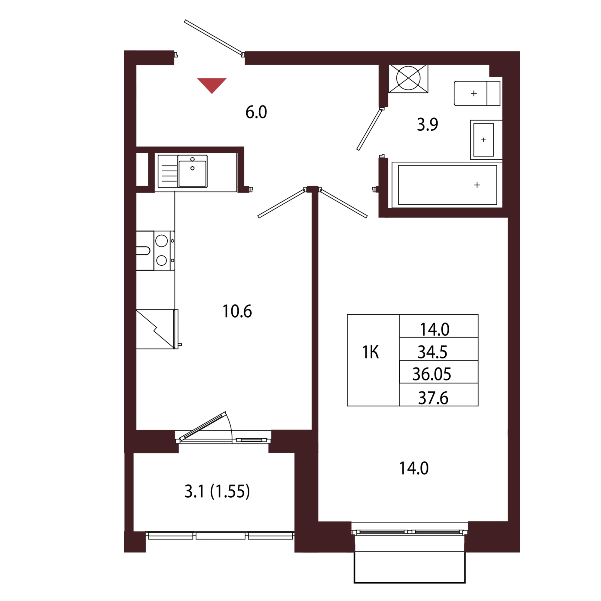 Планировка 1-комнатная 36 м² в ЖК «Город-парк «Лисино» — Город-парк «Лисино»