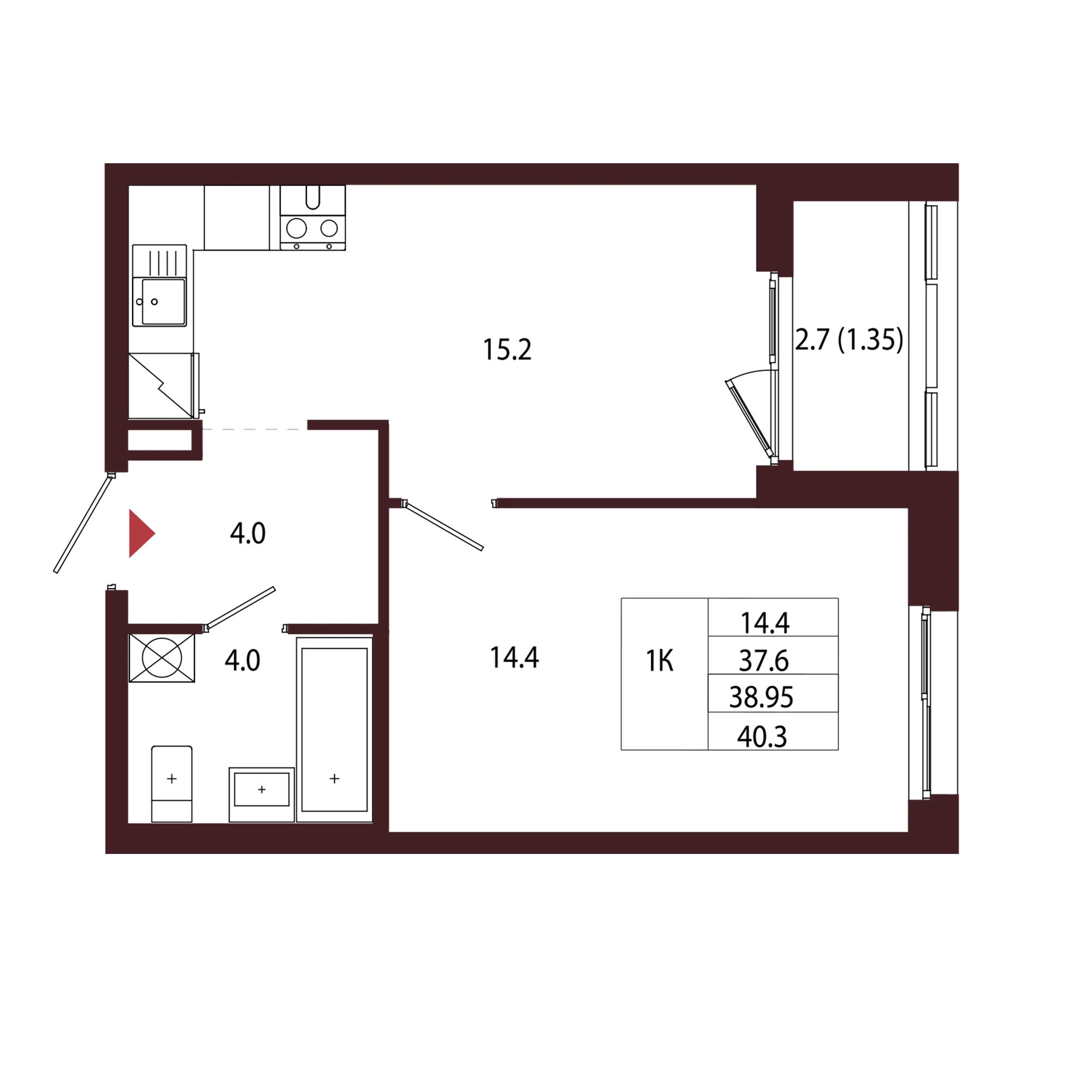 Планировка 1-комнатная 39 м² в ЖК «Город-парк «Лисино» — Город-парк «Лисино»