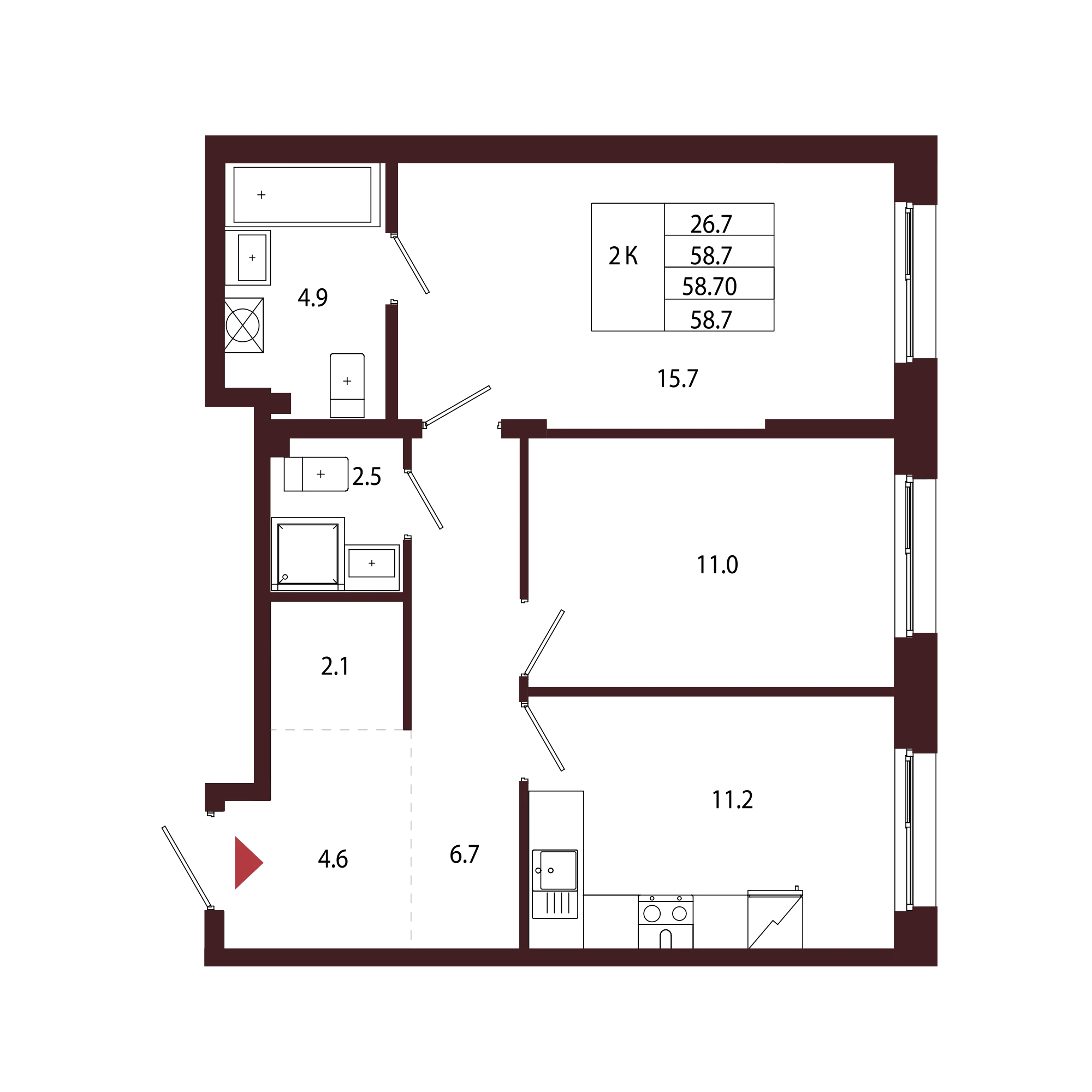 Планировка 2-комнатная 58,7 м² в ЖК «Город-парк «Лисино» — Город-парк «Лисино»