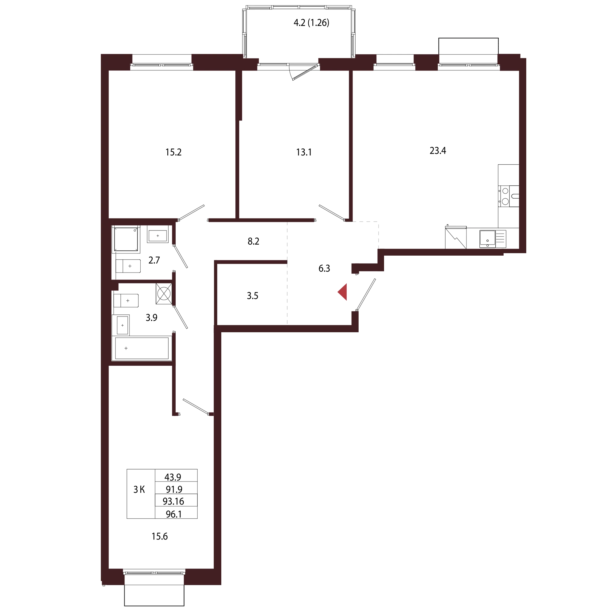 Планировка 3-комнатная 93,2 м² в ЖК «Город-парк «Лисино» — Город-парк «Лисино»
