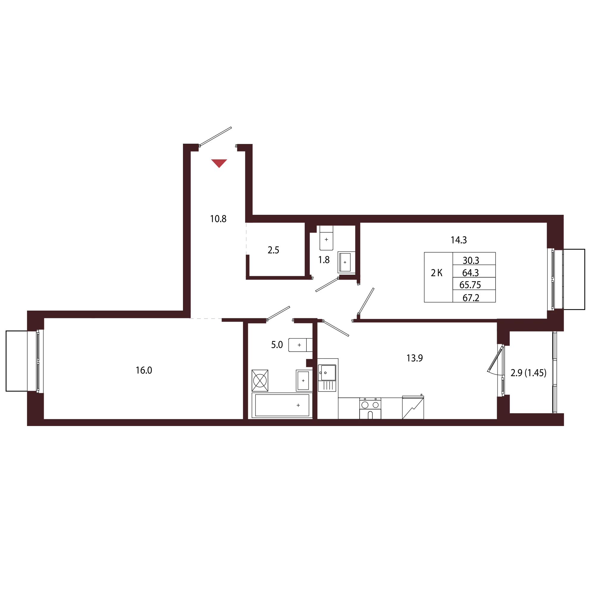 Планировка 2-комнатная 65,8 м² в ЖК «Город-парк «Лисино» — Город-парк «Лисино»