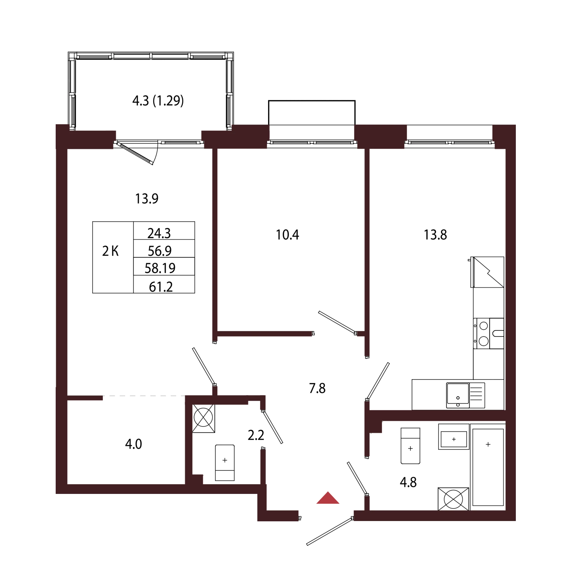 Планировка 2-комнатная 58,2 м² в ЖК «Город-парк «Лисино» — Город-парк «Лисино»