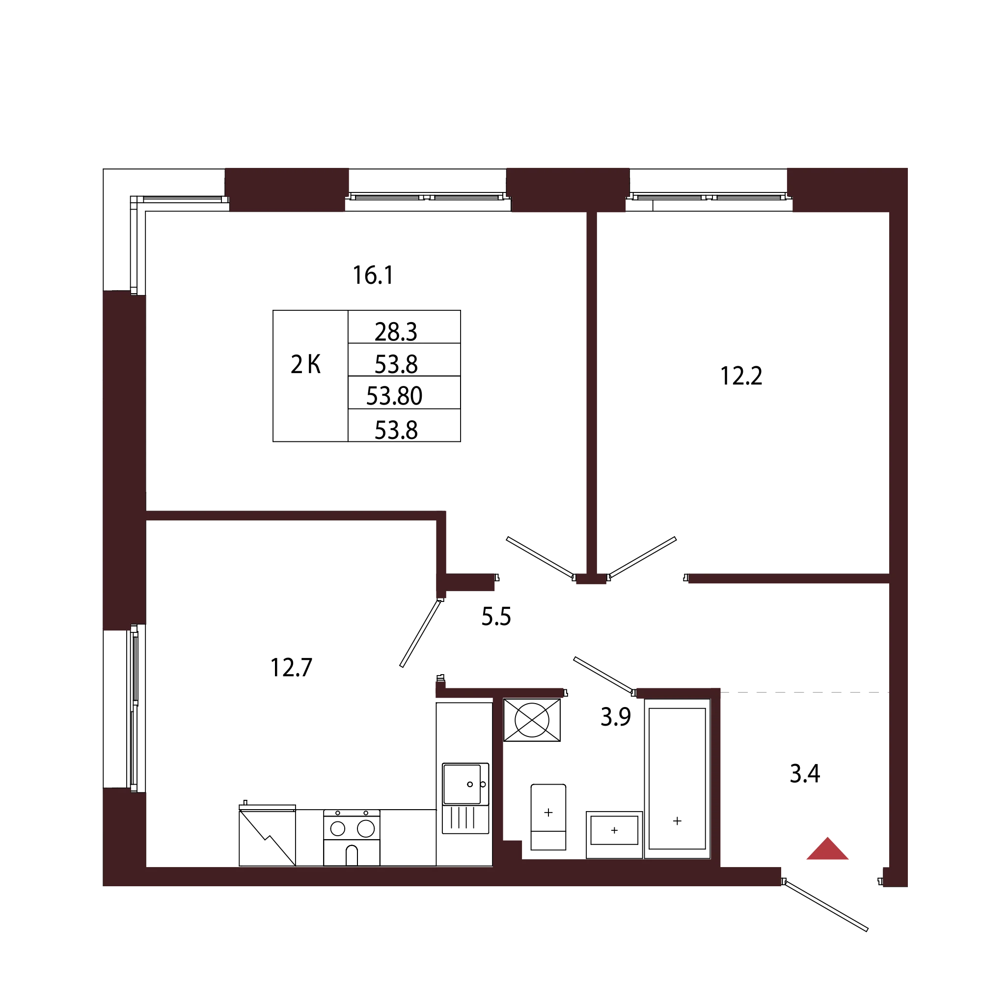 Планировка 2-комнатная 53,8 м² в ЖК «Город-парк «Лисино» — Город-парк «Лисино»