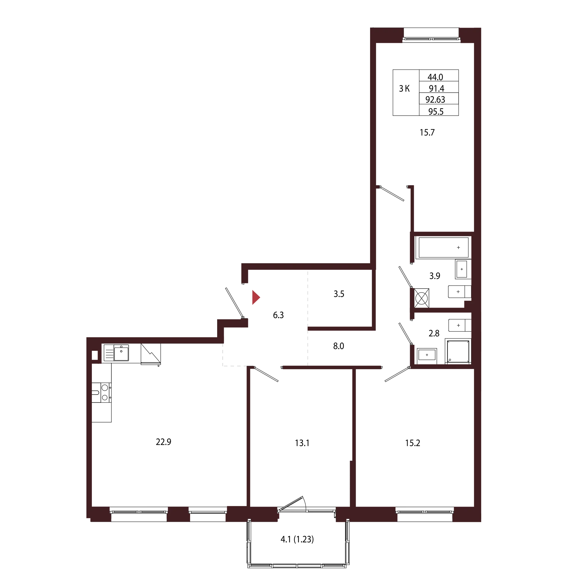 Планировка 3-комнатная 92,6 м² в ЖК «Город-парк «Лисино» — Город-парк «Лисино»