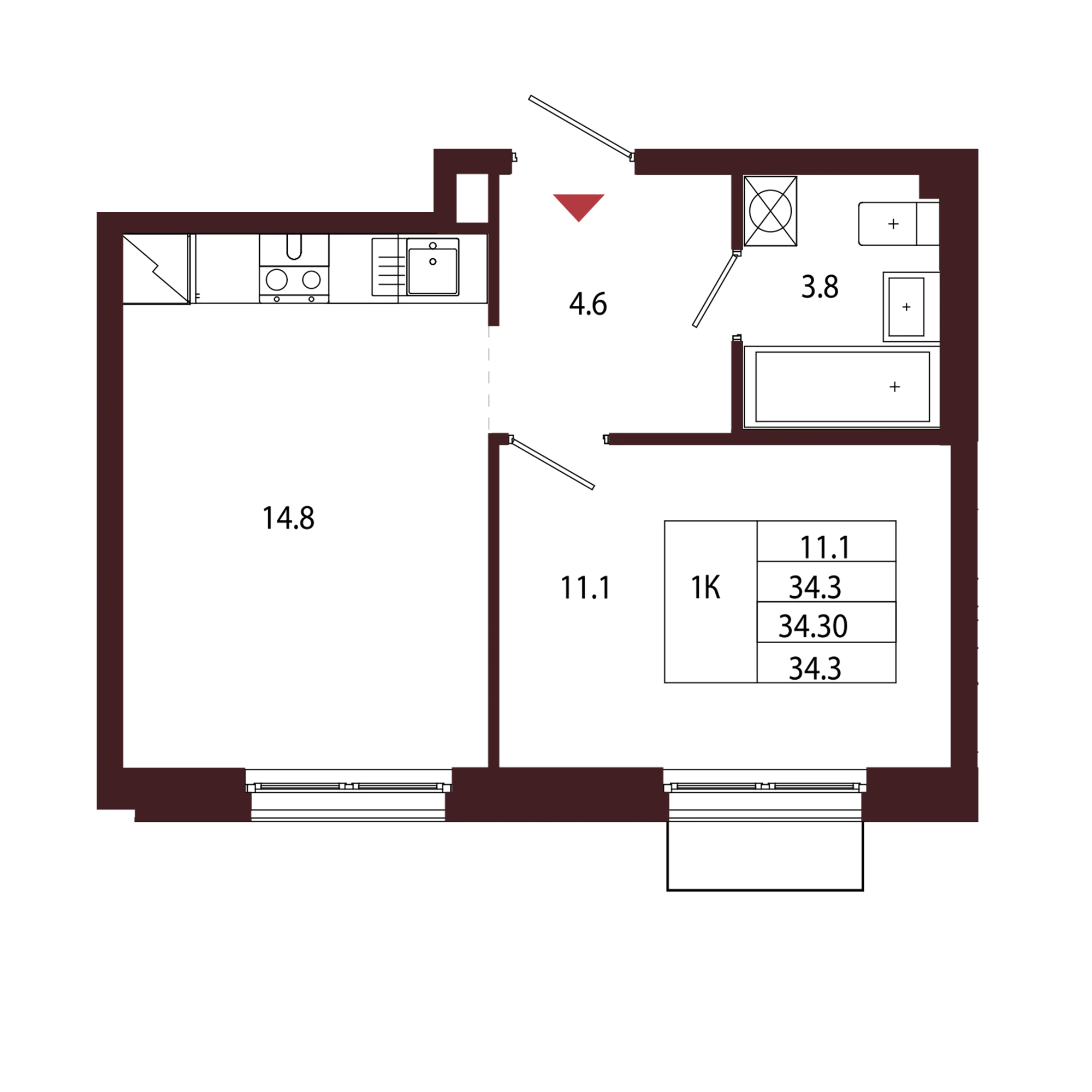 Планировка 1-комнатная 34,3 м² в ЖК «Город-парк «Лисино» — Город-парк «Лисино»