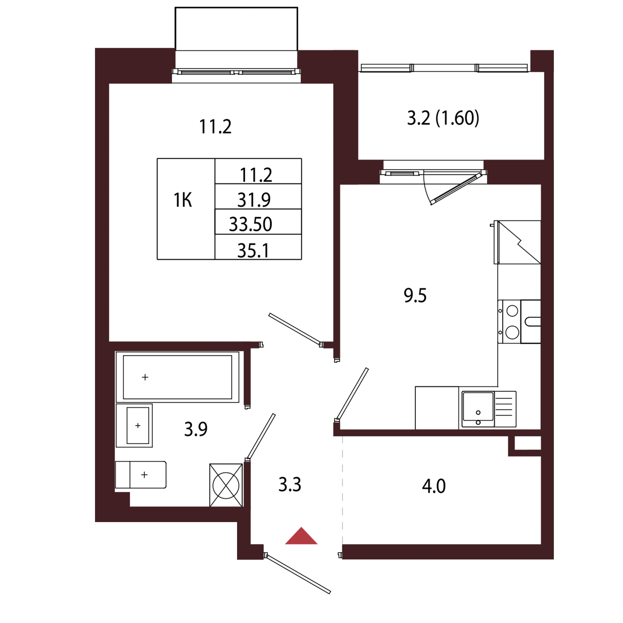 Планировка 1-комнатная 33,5 м² в ЖК «Город-парк «Лисино» — Город-парк «Лисино»