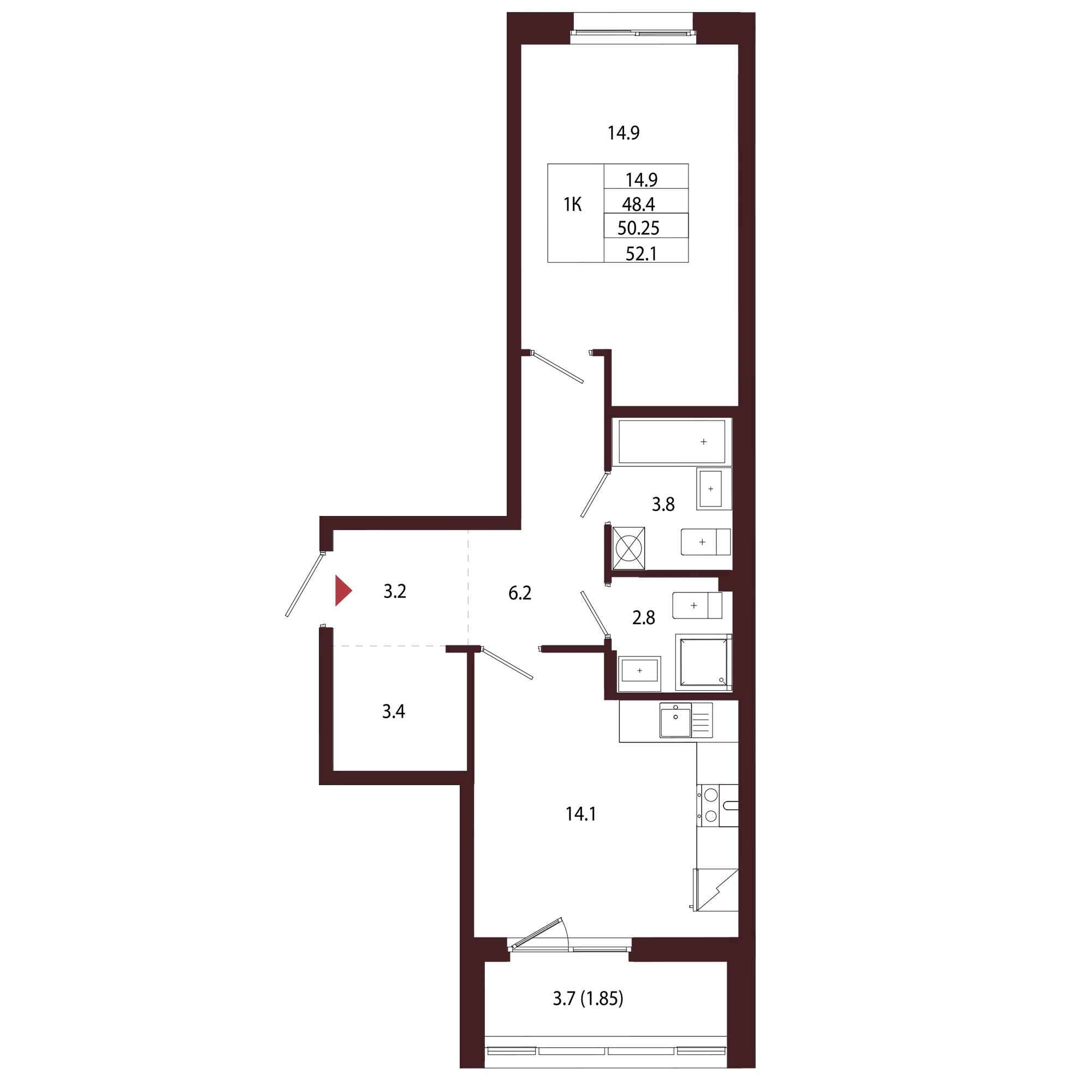 Планировка 1-комнатная 50,2 м² в ЖК «Город-парк «Лисино» — Город-парк «Лисино»