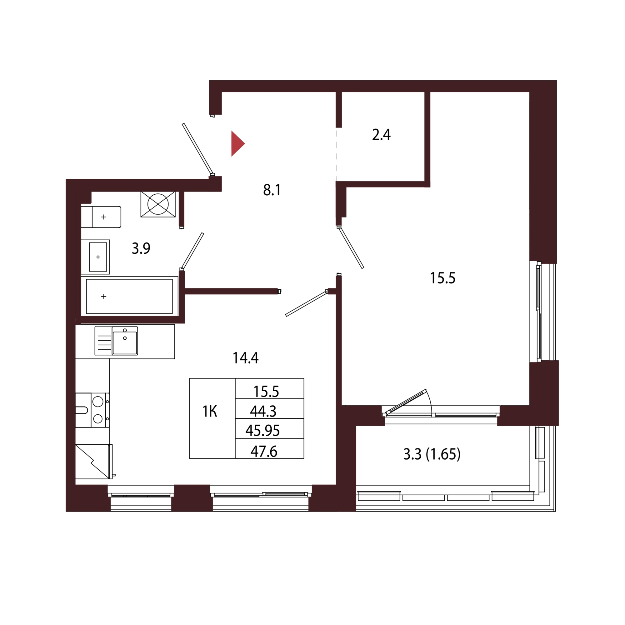 Планировка 1-комнатная 46 м² в ЖК «Город-парк «Лисино» — Город-парк «Лисино»