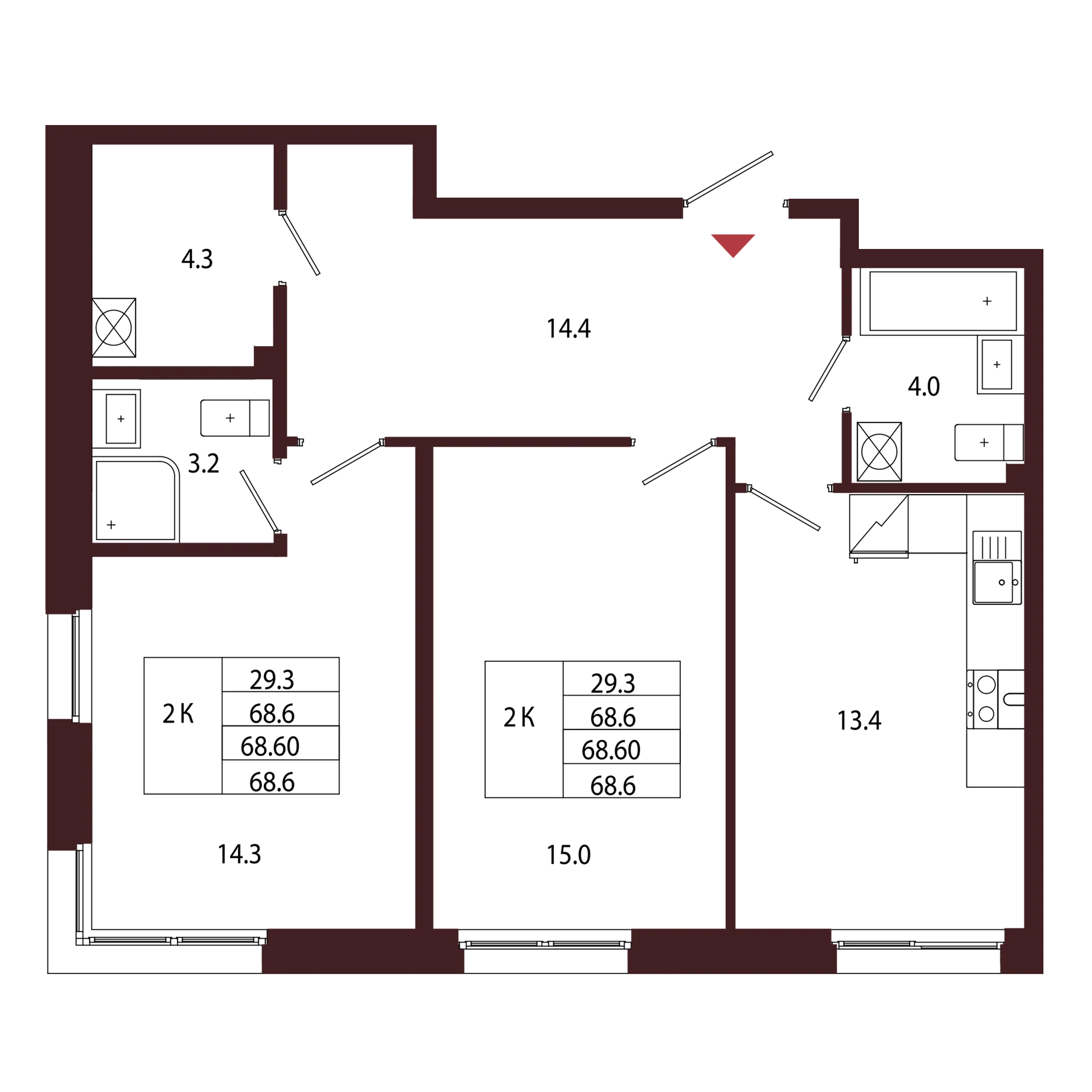 Планировка 2-комнатная 68,6 м² в ЖК «Город-парк «Лисино» — Город-парк «Лисино»