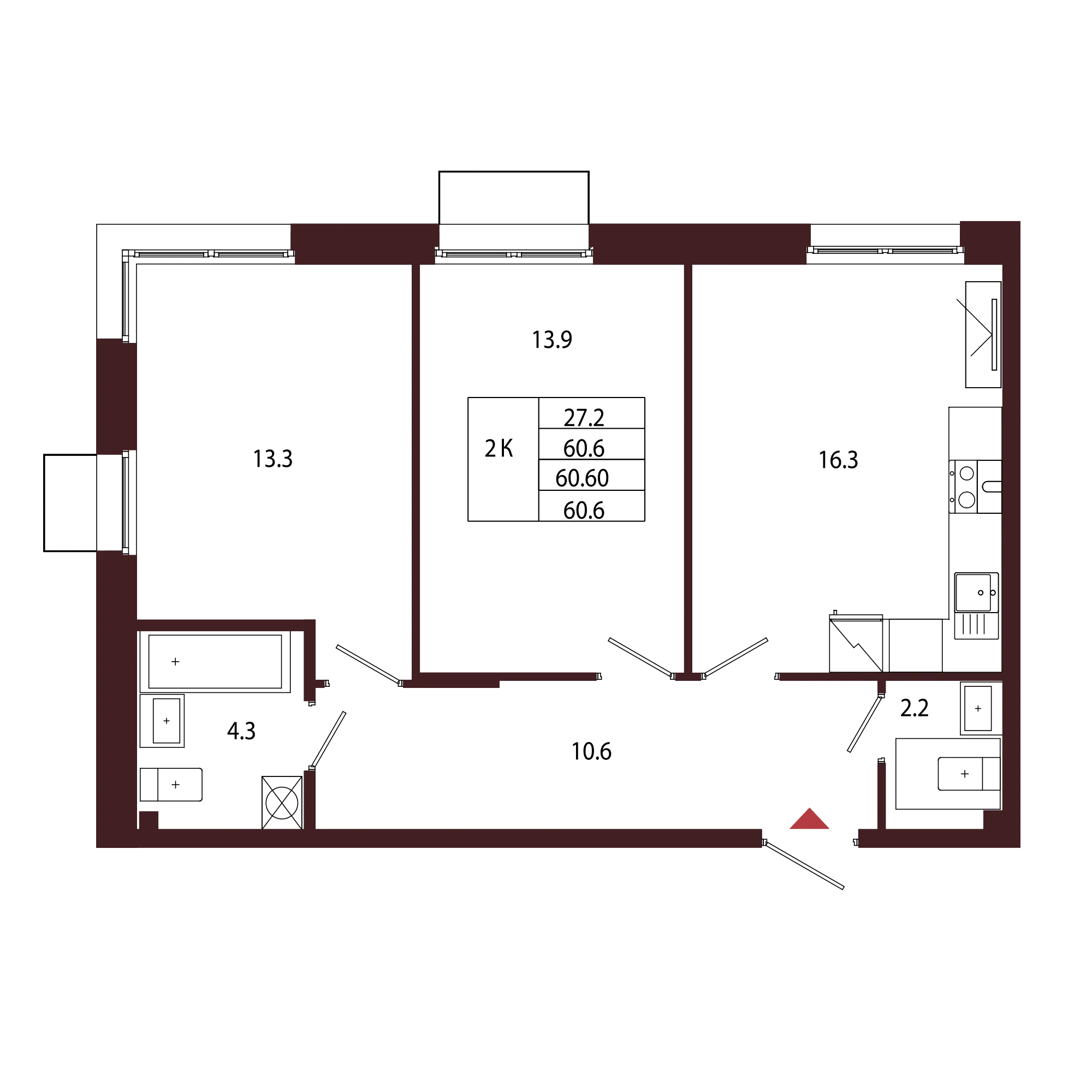 Планировка 2-комнатная 60,6 м² в ЖК «Город-парк «Лисино» — Город-парк «Лисино»