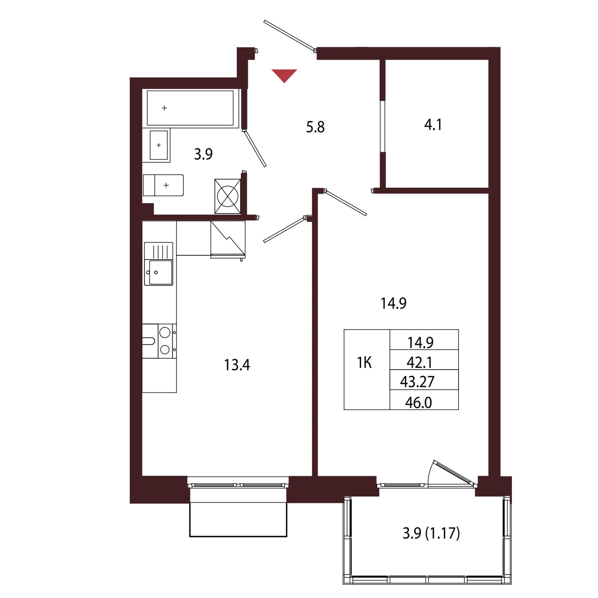 Планировка 1-комнатная 43,3 м² в ЖК «Город-парк «Лисино» — Город-парк «Лисино»
