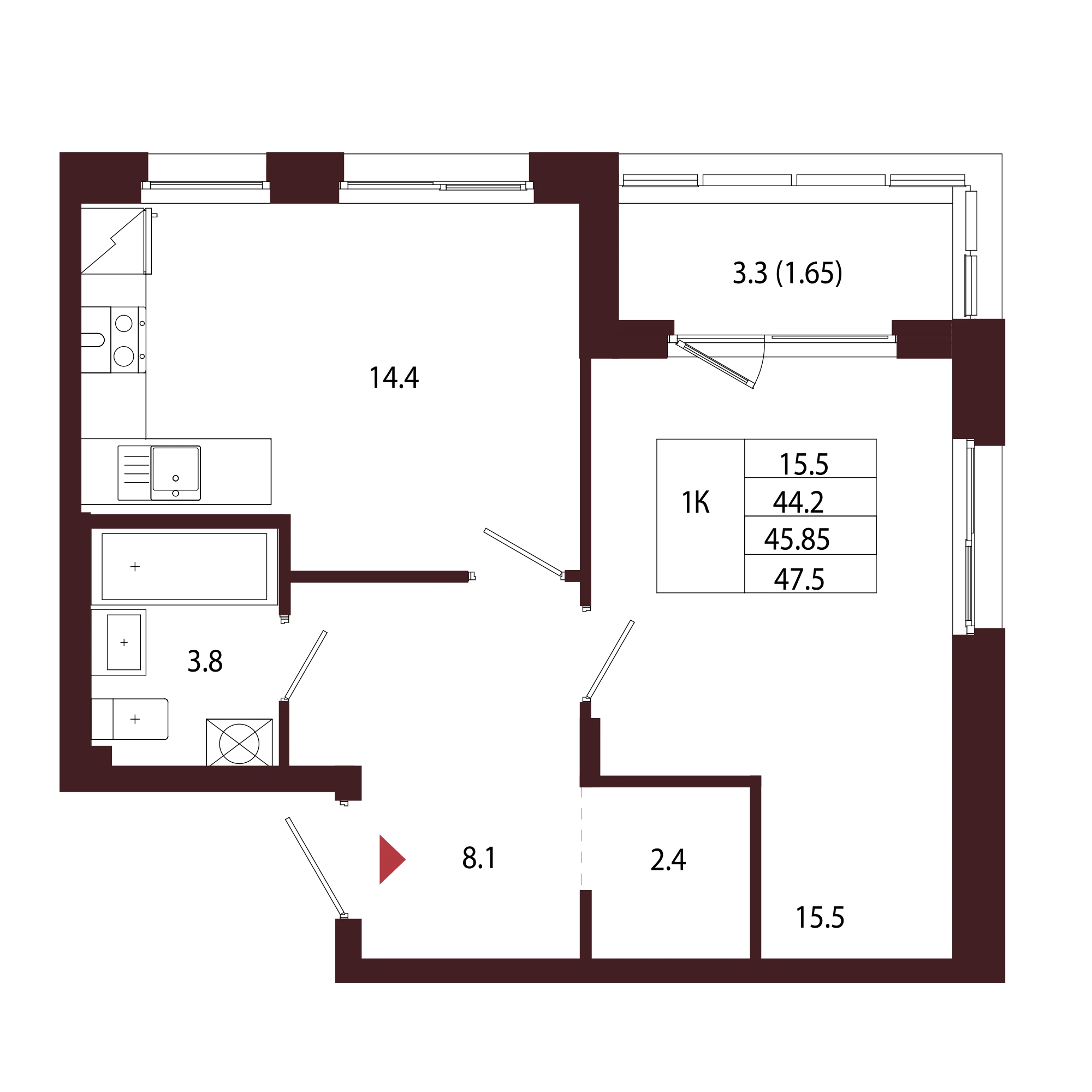 Планировка 1-комнатная 45,9 м² в ЖК «Город-парк «Лисино» — Город-парк «Лисино»