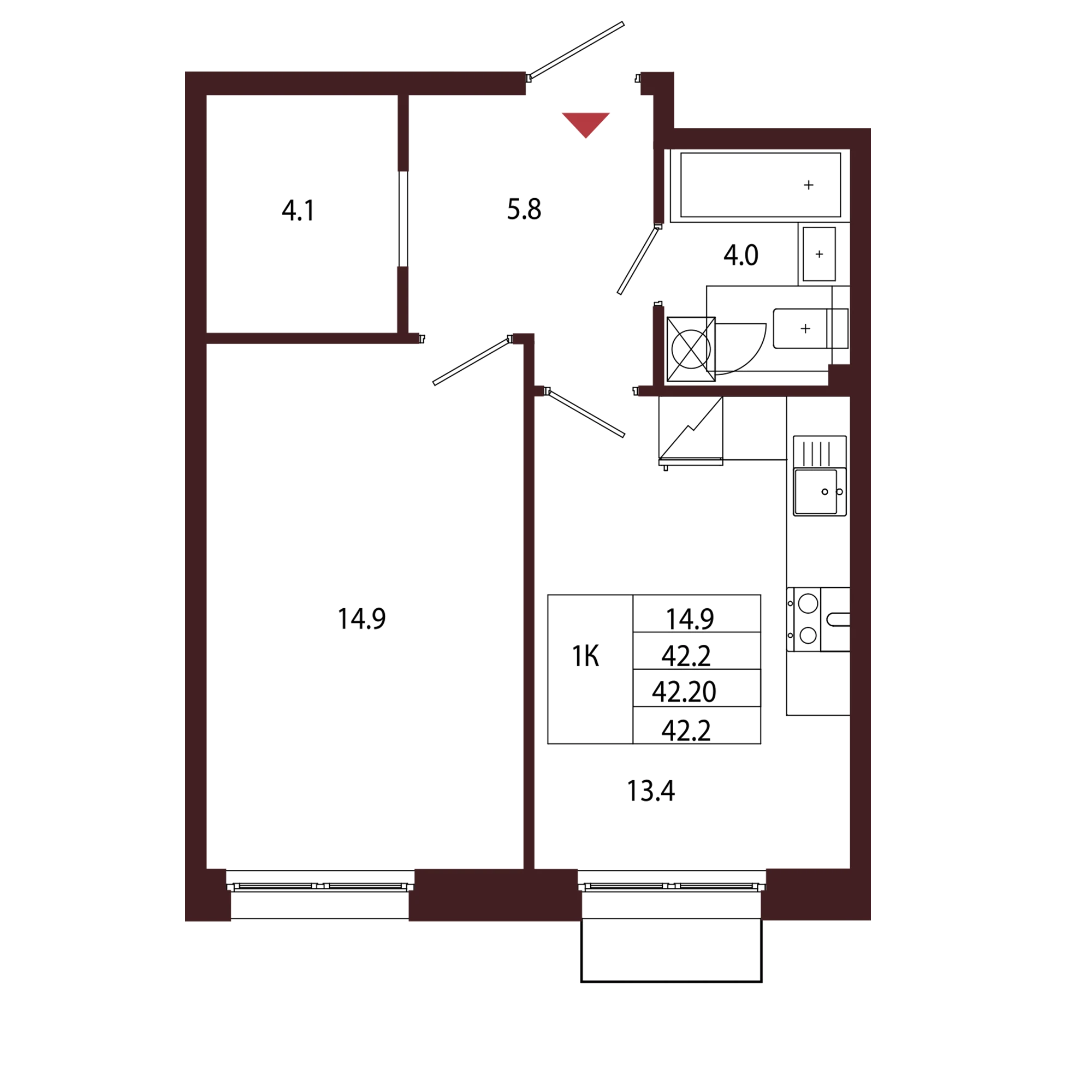 Планировка 1-комнатная 42,2 м² в ЖК «Город-парк «Лисино» — Город-парк «Лисино»