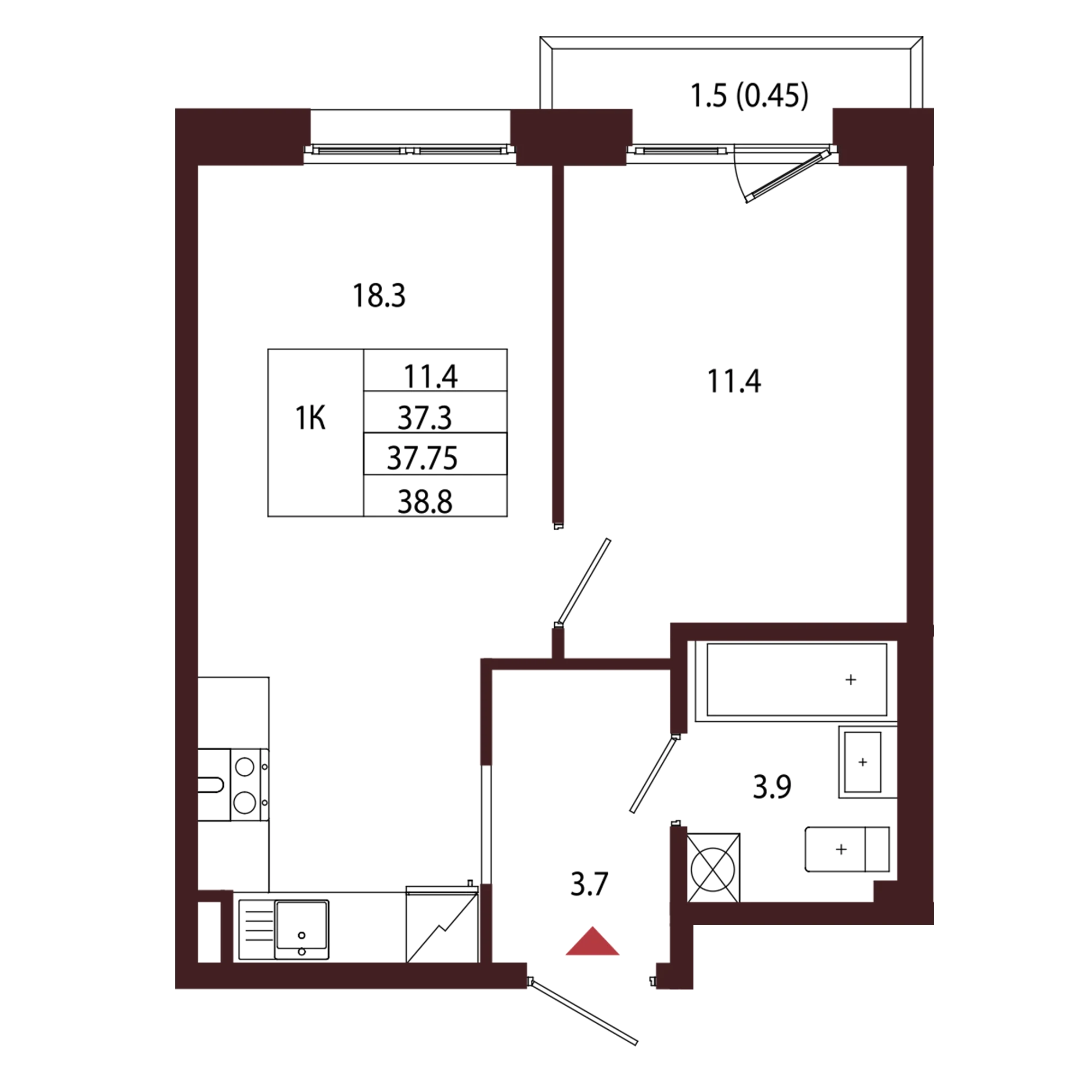Планировка 1-комнатная 37,8 м² в ЖК «Город-парк «Лисино» — Город-парк «Лисино»
