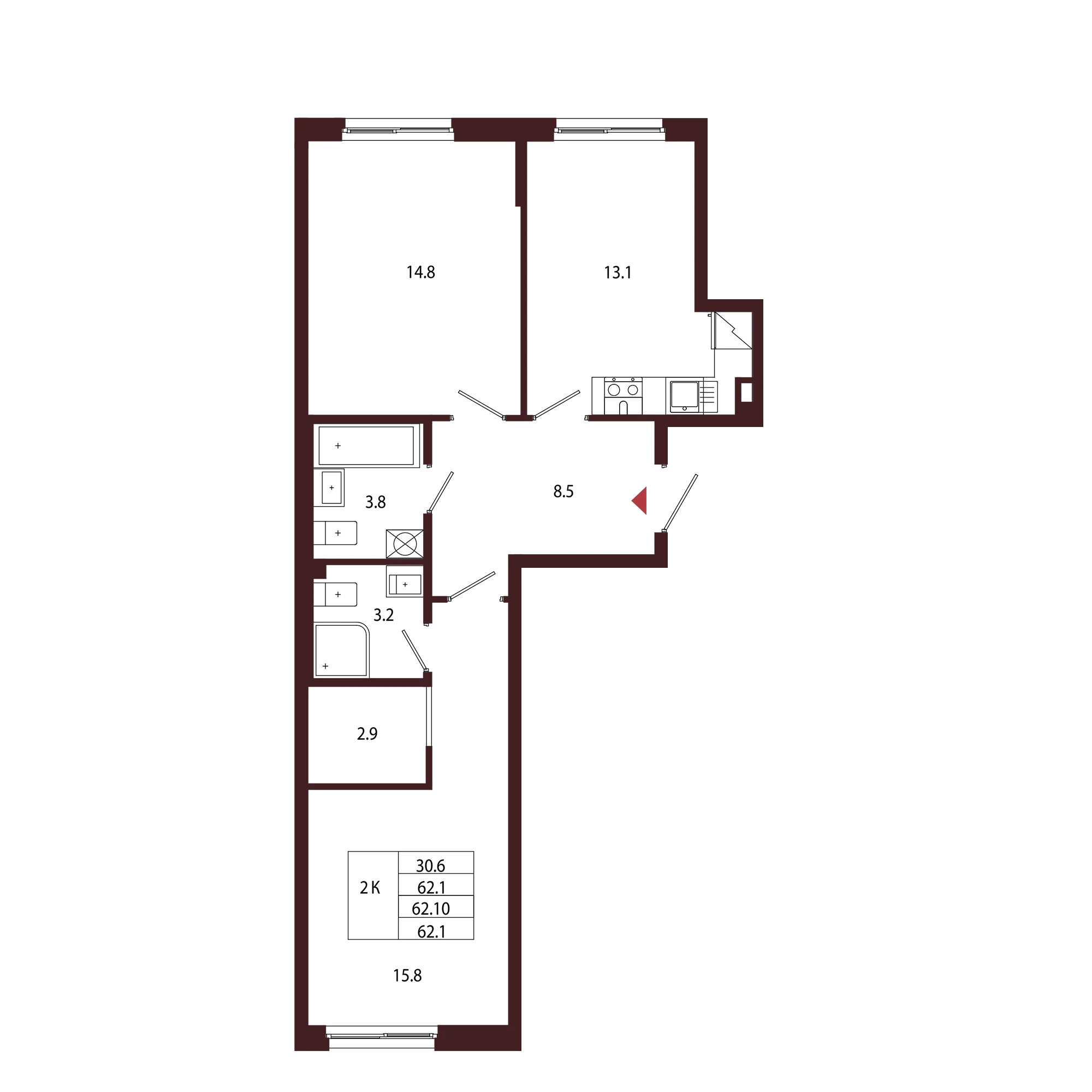 Планировка 2-комнатная 62,1 м² в ЖК «Город-парк «Лисино» — Город-парк «Лисино»