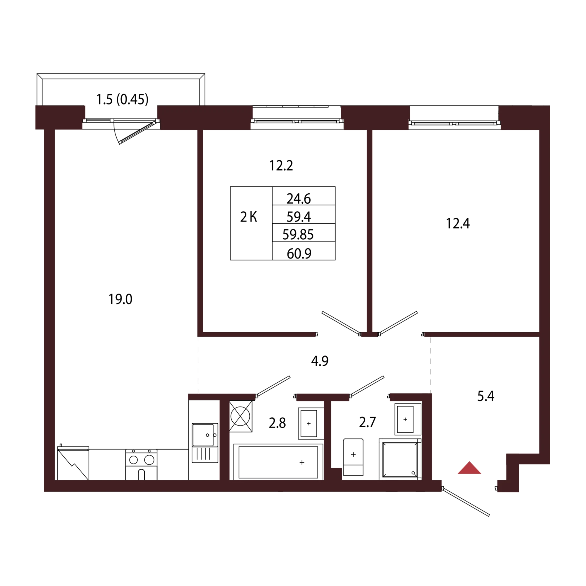 Планировка 2-комнатная 59,9 м² в ЖК «Город-парк «Лисино» — Город-парк «Лисино»