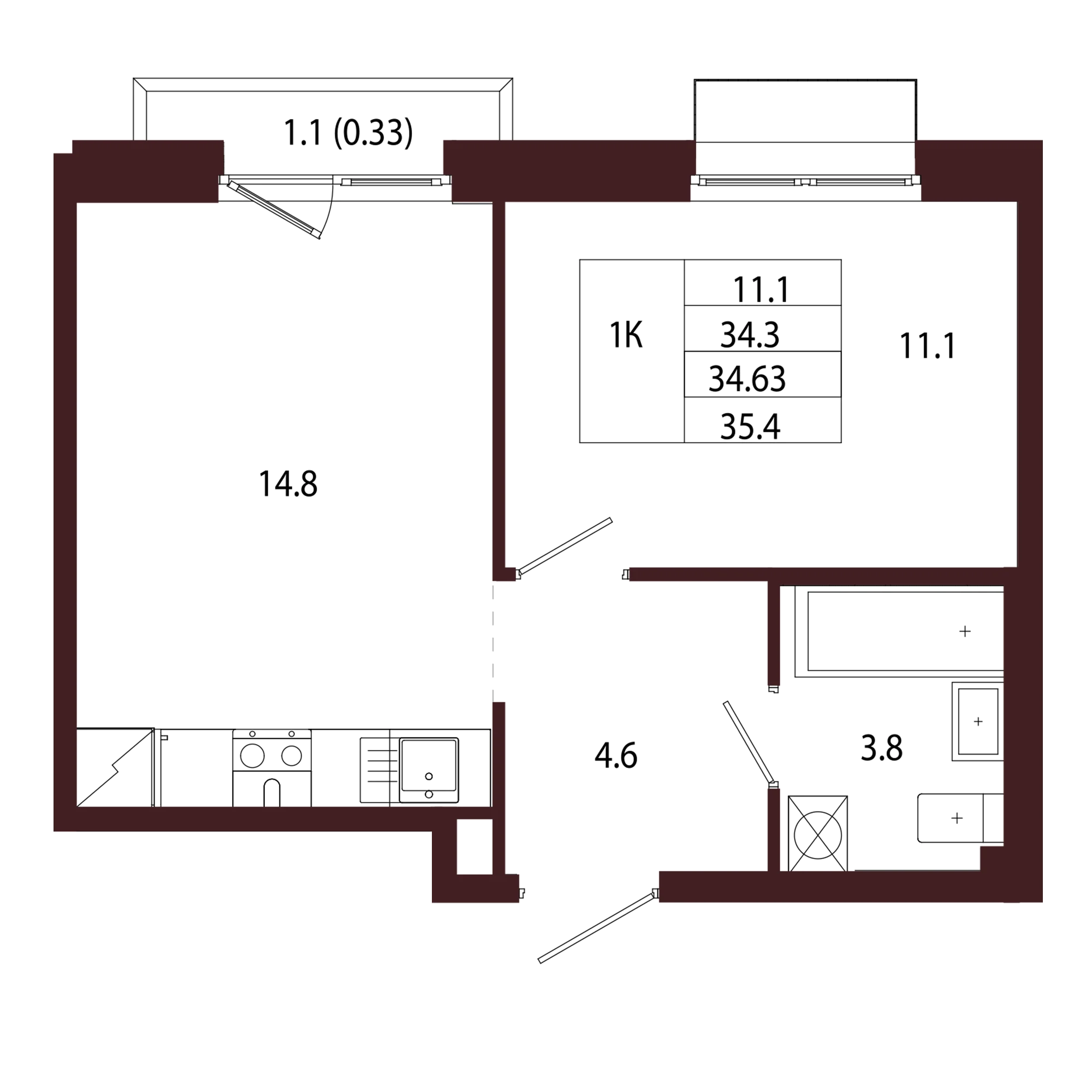 Планировка 1-комнатная 34,6 м² в ЖК «Город-парк «Лисино» — Город-парк «Лисино»
