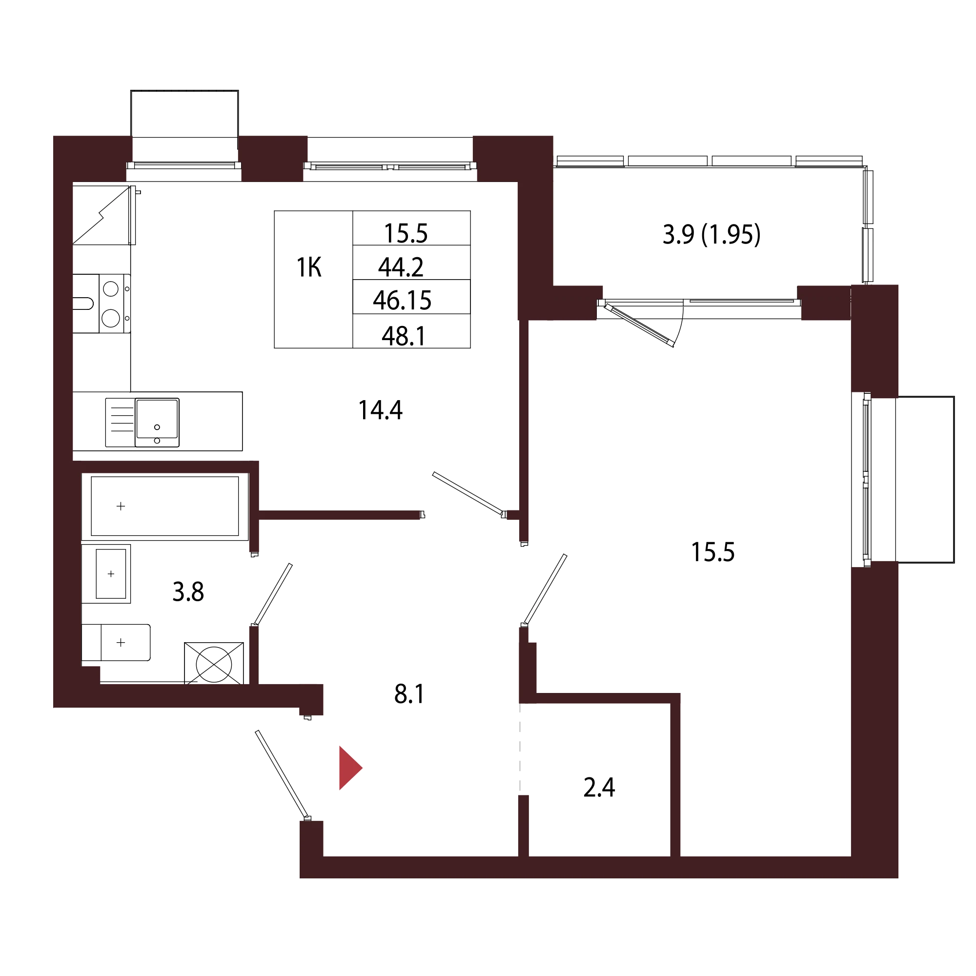 Планировка 1-комнатная 46,1 м² в ЖК «Город-парк «Лисино» — Город-парк «Лисино»