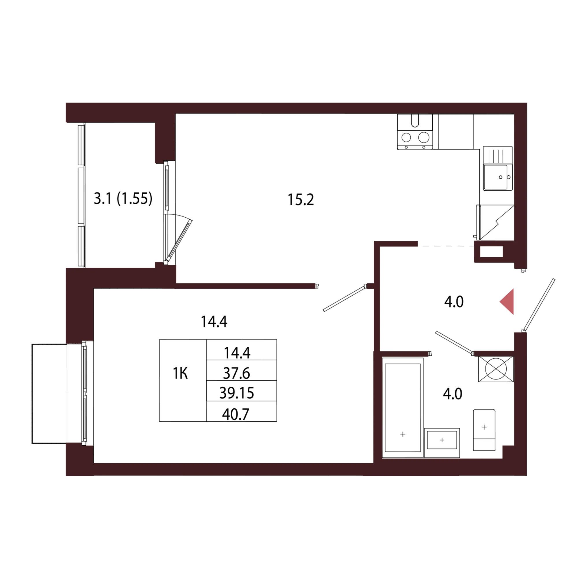Планировка 1-комнатная 39,1 м² в ЖК «Город-парк «Лисино» — Город-парк «Лисино»