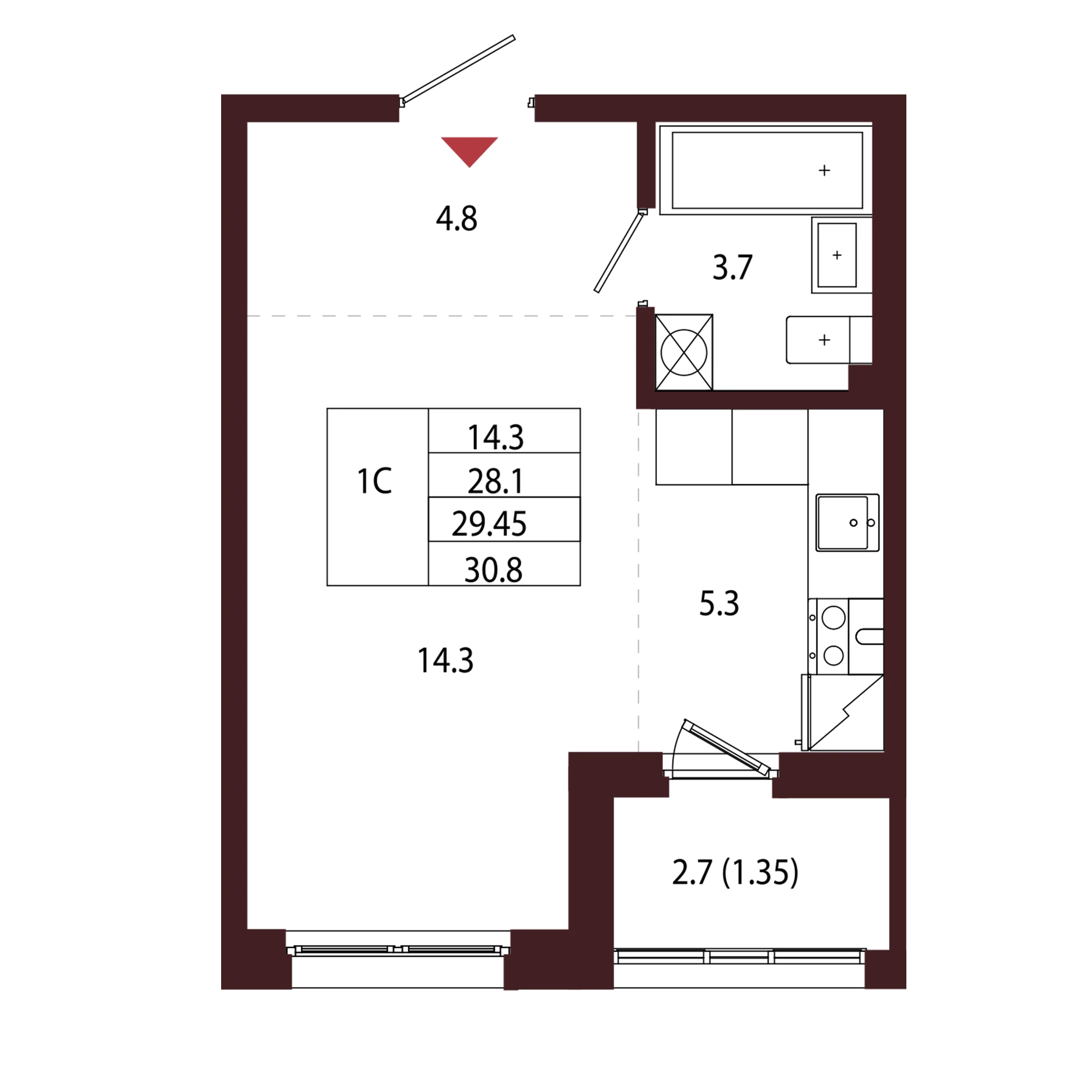 Планировка 1-комнатная 29,4 м² в ЖК «Город-парк «Лисино» — Город-парк «Лисино»