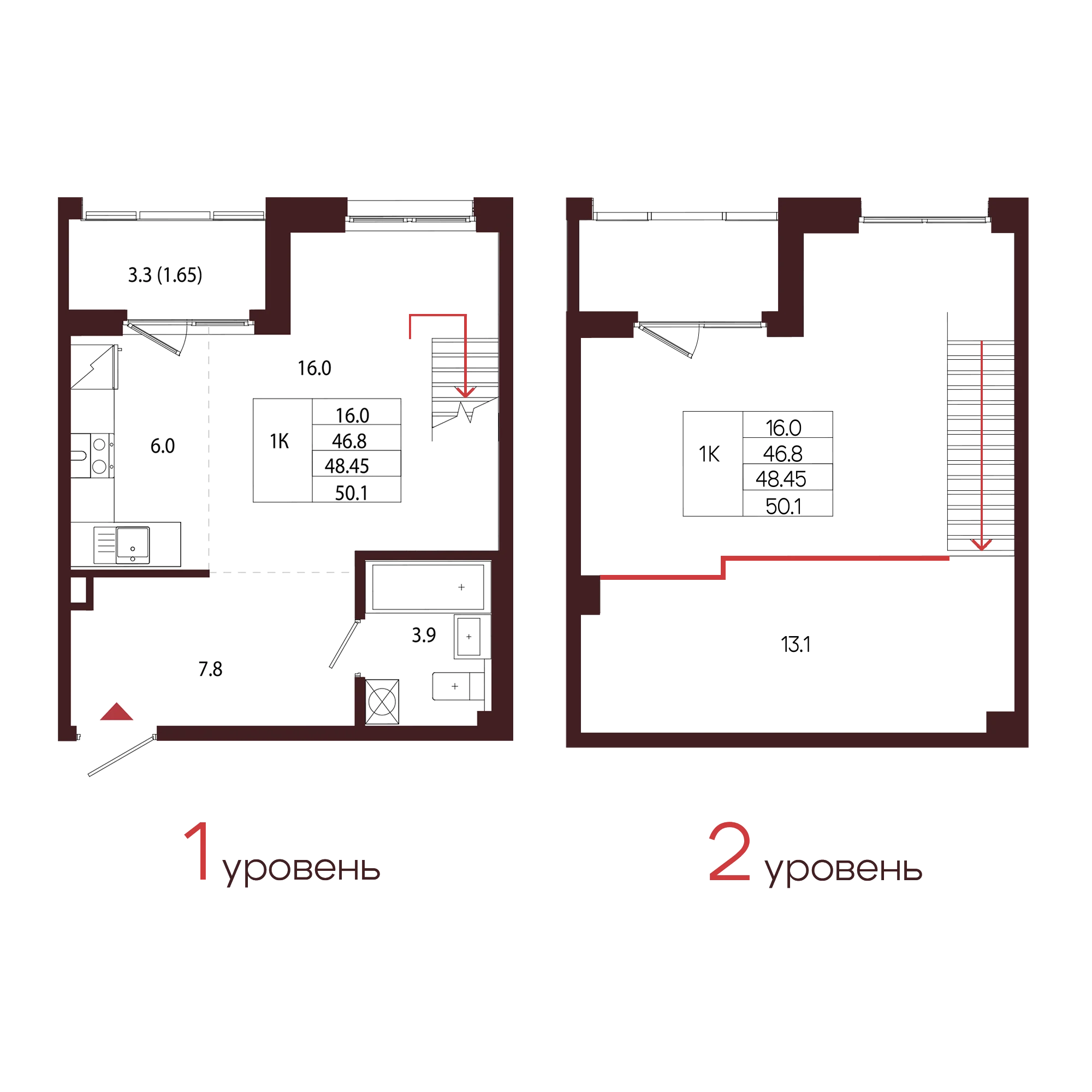 Планировка 1-комнатная 48,5 м² в ЖК «Город-парк «Лисино» — Город-парк «Лисино»