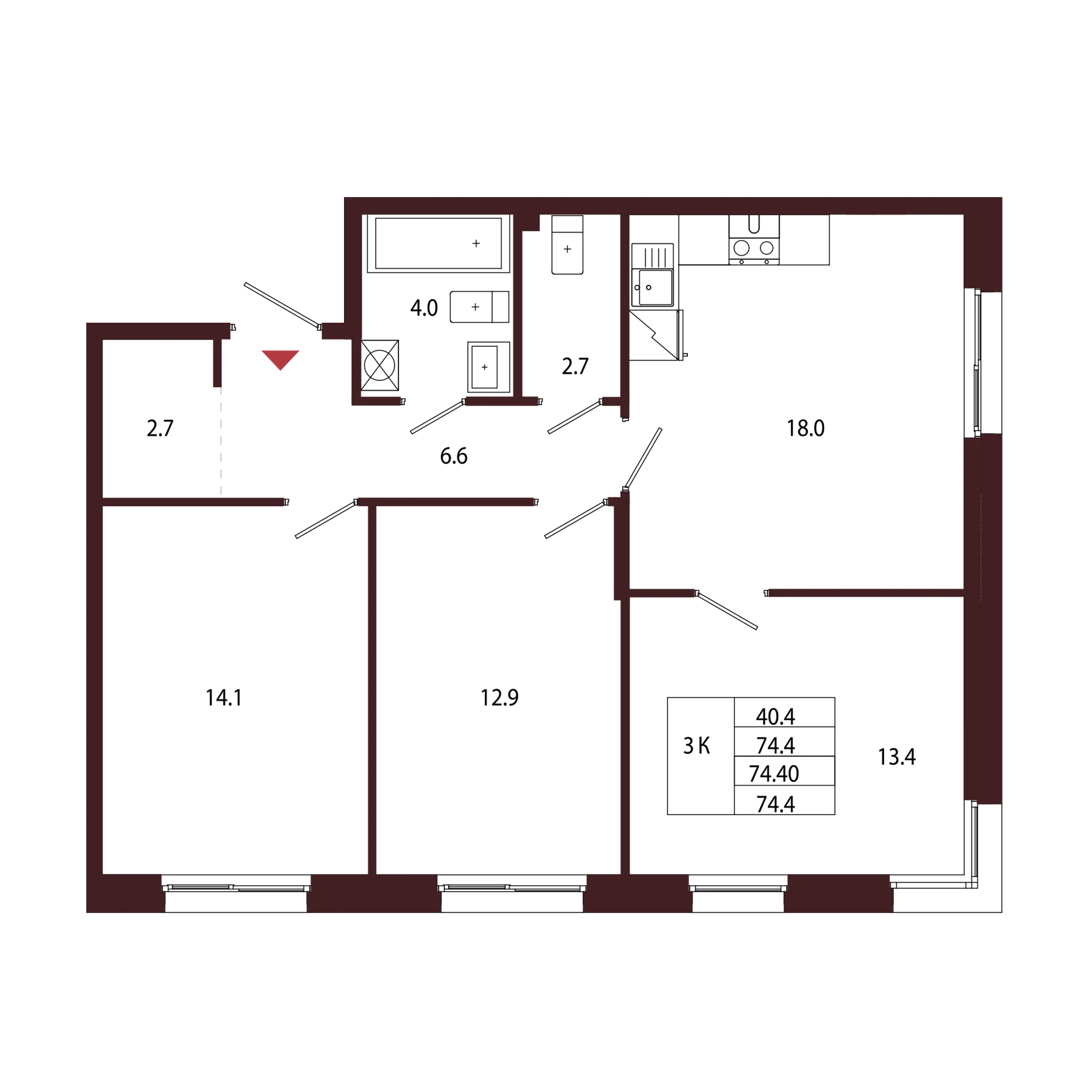 Планировка 3-комнатная 74,4 м² в ЖК «Город-парк «Лисино» — Город-парк «Лисино»