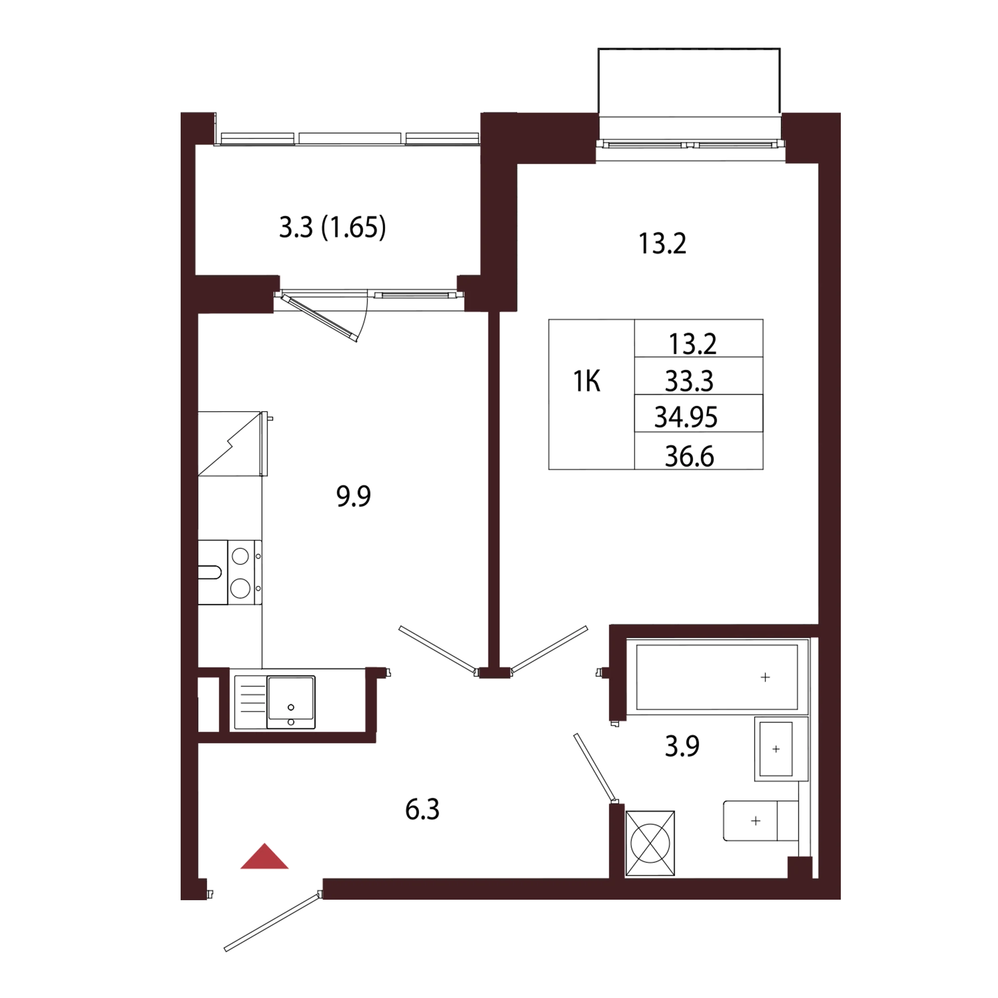 Планировка 1-комнатная 35 м² в ЖК «Город-парк «Лисино» — Город-парк «Лисино»