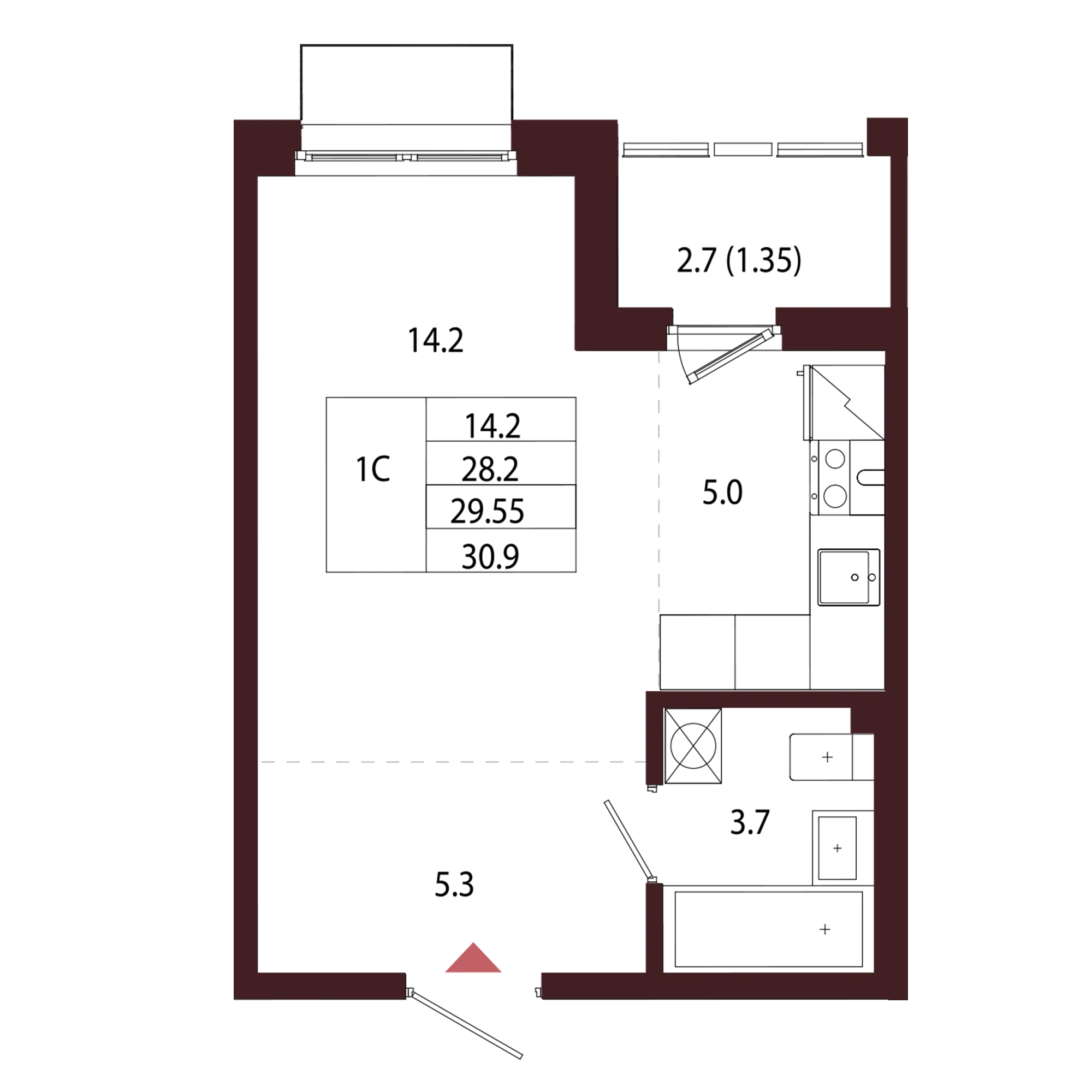 Планировка 1-комнатная 29,6 м² в ЖК «Город-парк «Лисино» — Город-парк «Лисино»