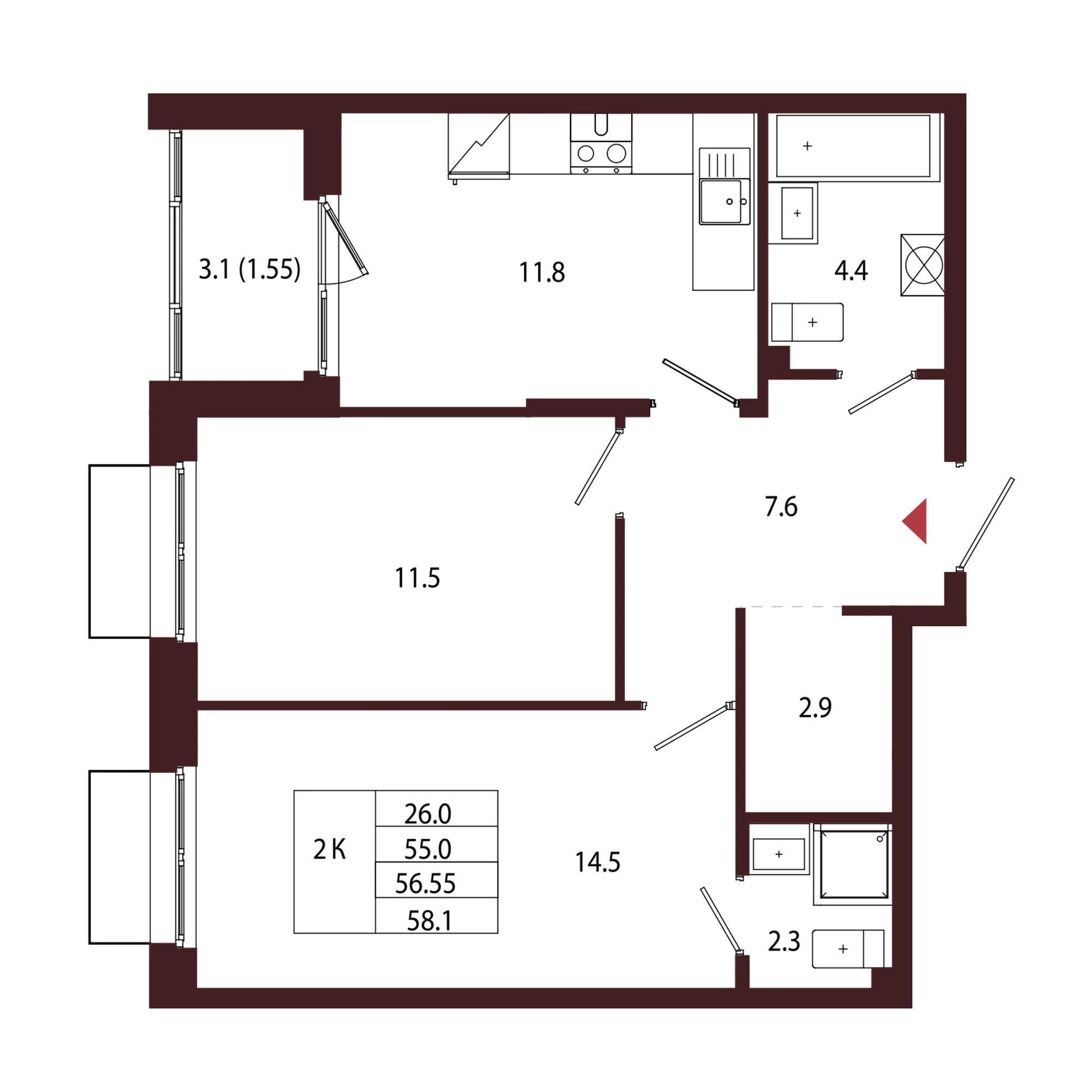 Планировка 2-комнатная 56,5 м² в ЖК «Город-парк «Лисино» — Город-парк «Лисино»
