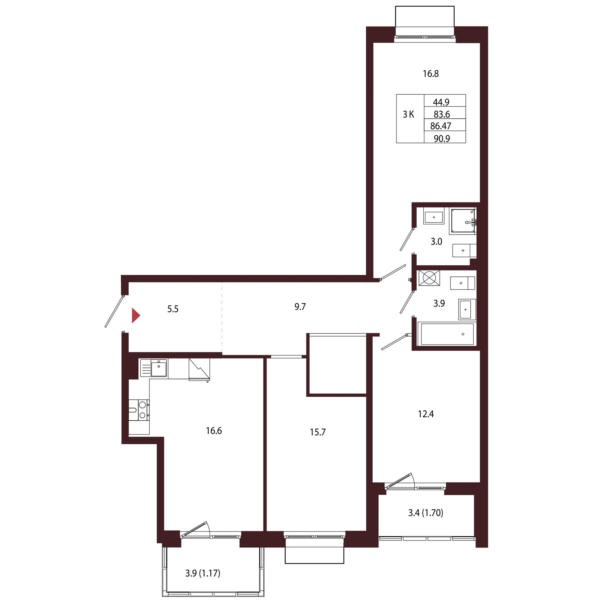 Планировка 3-комнатная 86,5 м² в ЖК «Город-парк «Лисино» — Город-парк «Лисино»