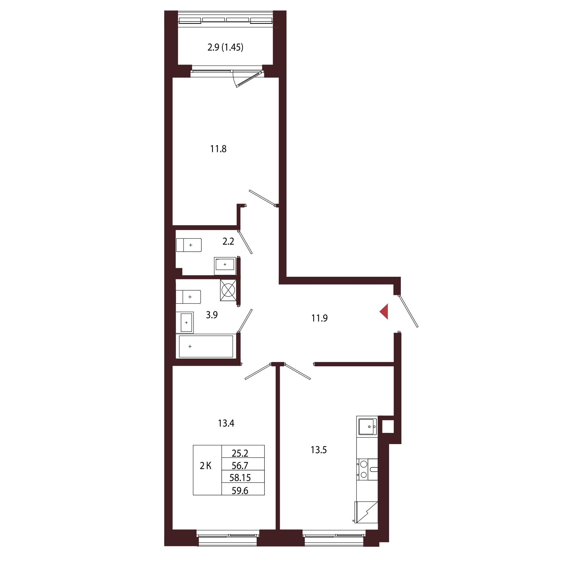Планировка 2-комнатная 58,1 м² в ЖК «Город-парк «Лисино» — Город-парк «Лисино»