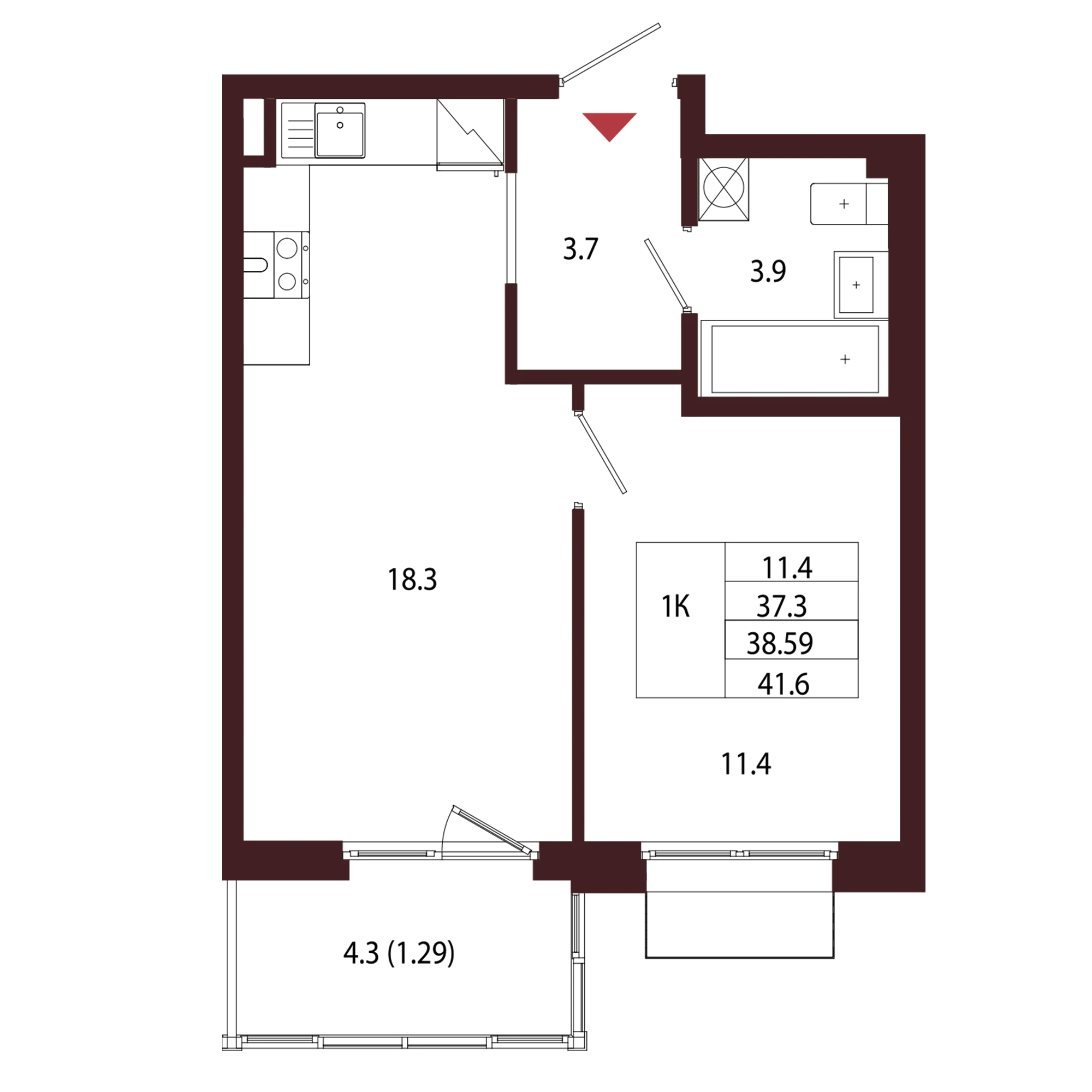 Планировка 1-комнатная 38,6 м² в ЖК «Город-парк «Лисино» — Город-парк «Лисино»