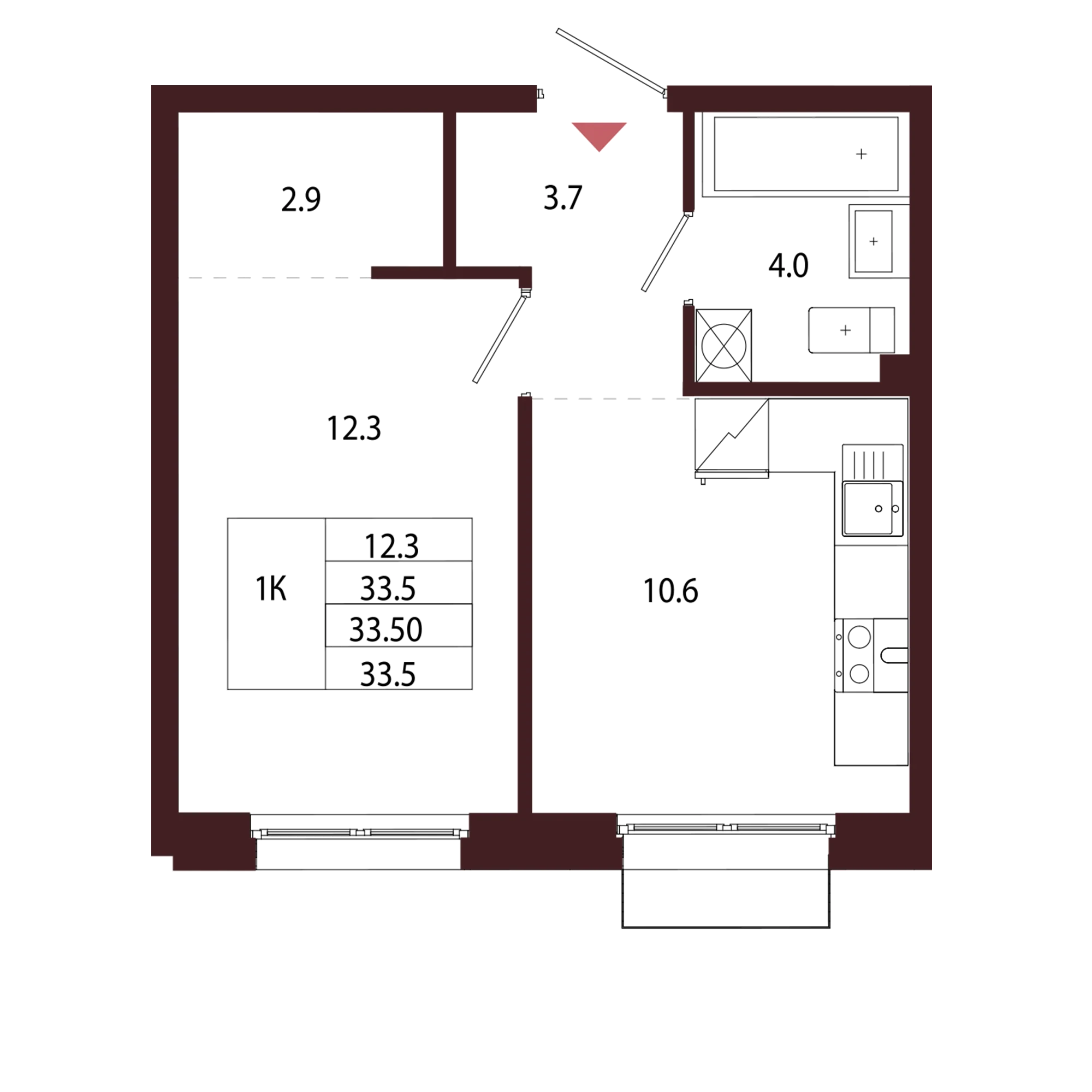 Планировка 1-комнатная 33,5 м² в ЖК «Город-парк «Лисино» — Город-парк «Лисино»