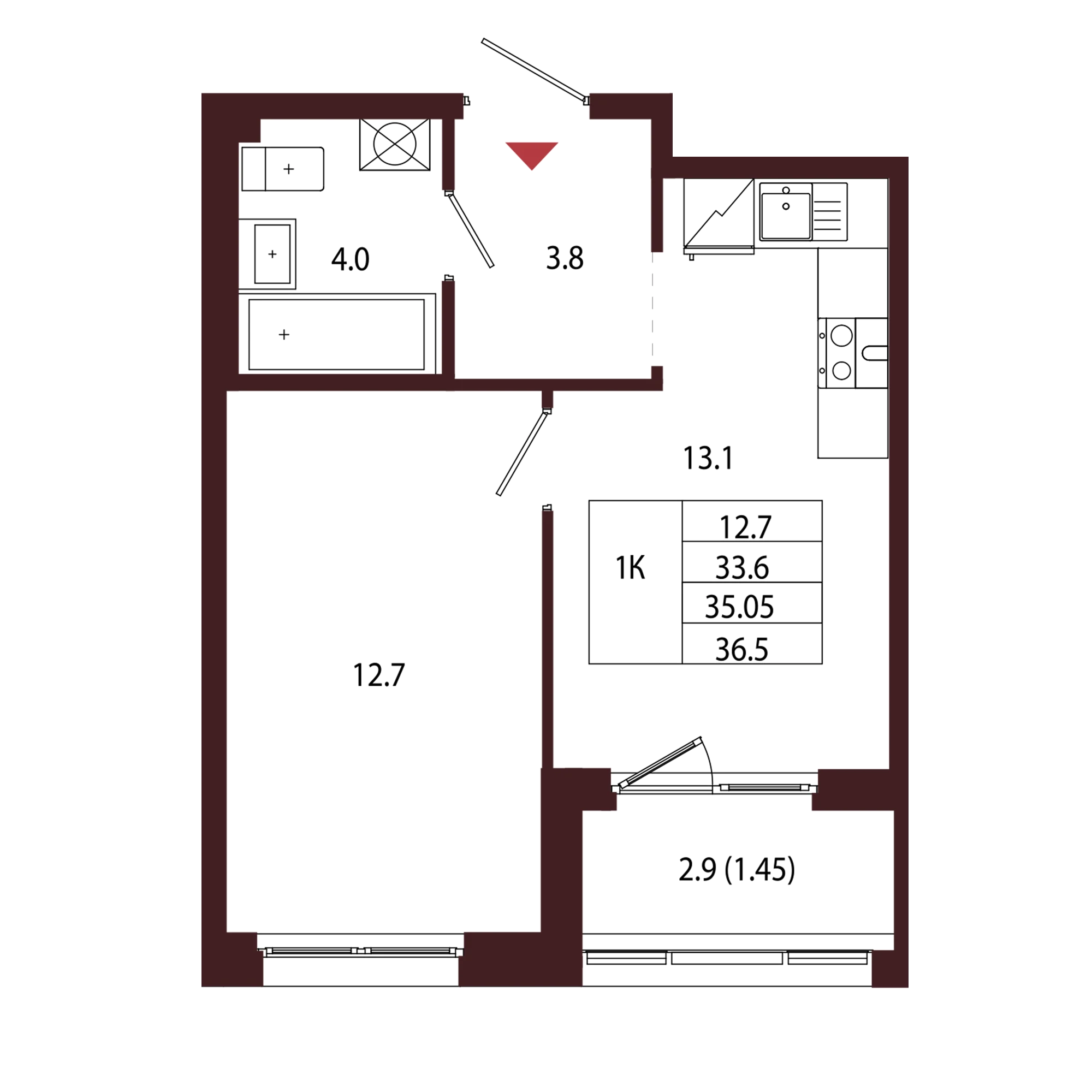 Планировка 1-комнатная 35 м² в ЖК «Город-парк «Лисино» — Город-парк «Лисино»