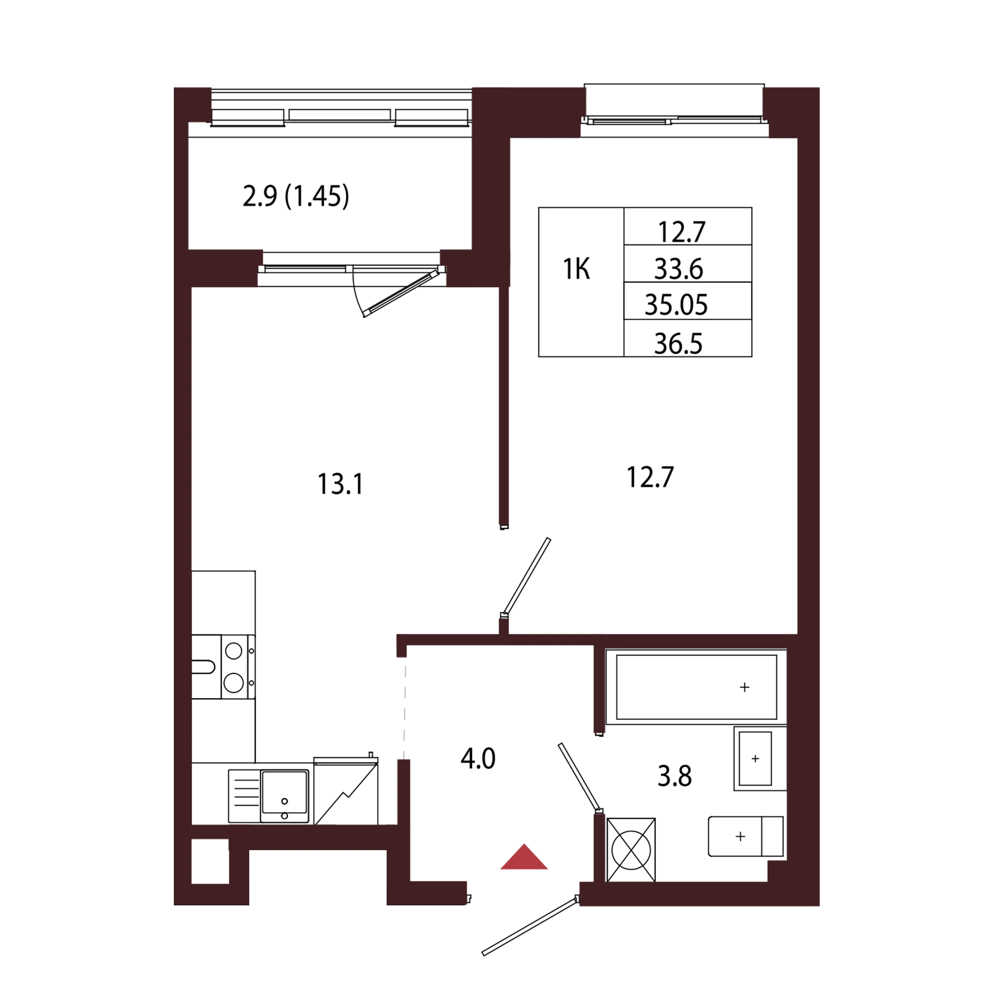 Планировка 1-комнатная 35 м² в ЖК «Город-парк «Лисино» — Город-парк «Лисино»