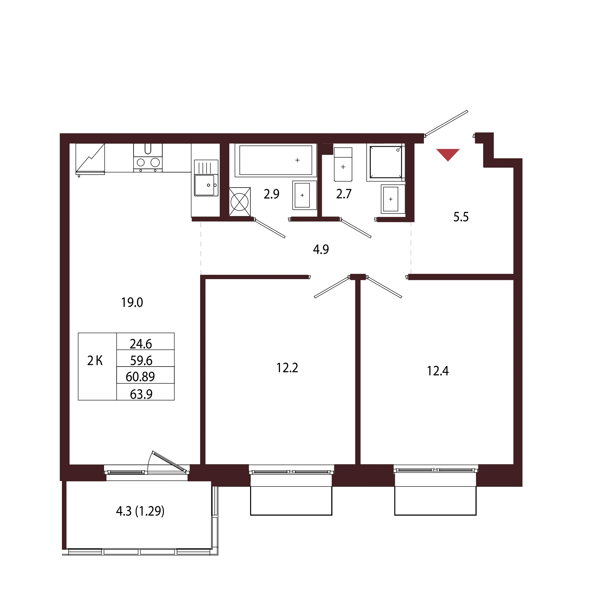 Планировка 2-комнатная 60,9 м² в ЖК «Город-парк «Лисино» — Город-парк «Лисино»
