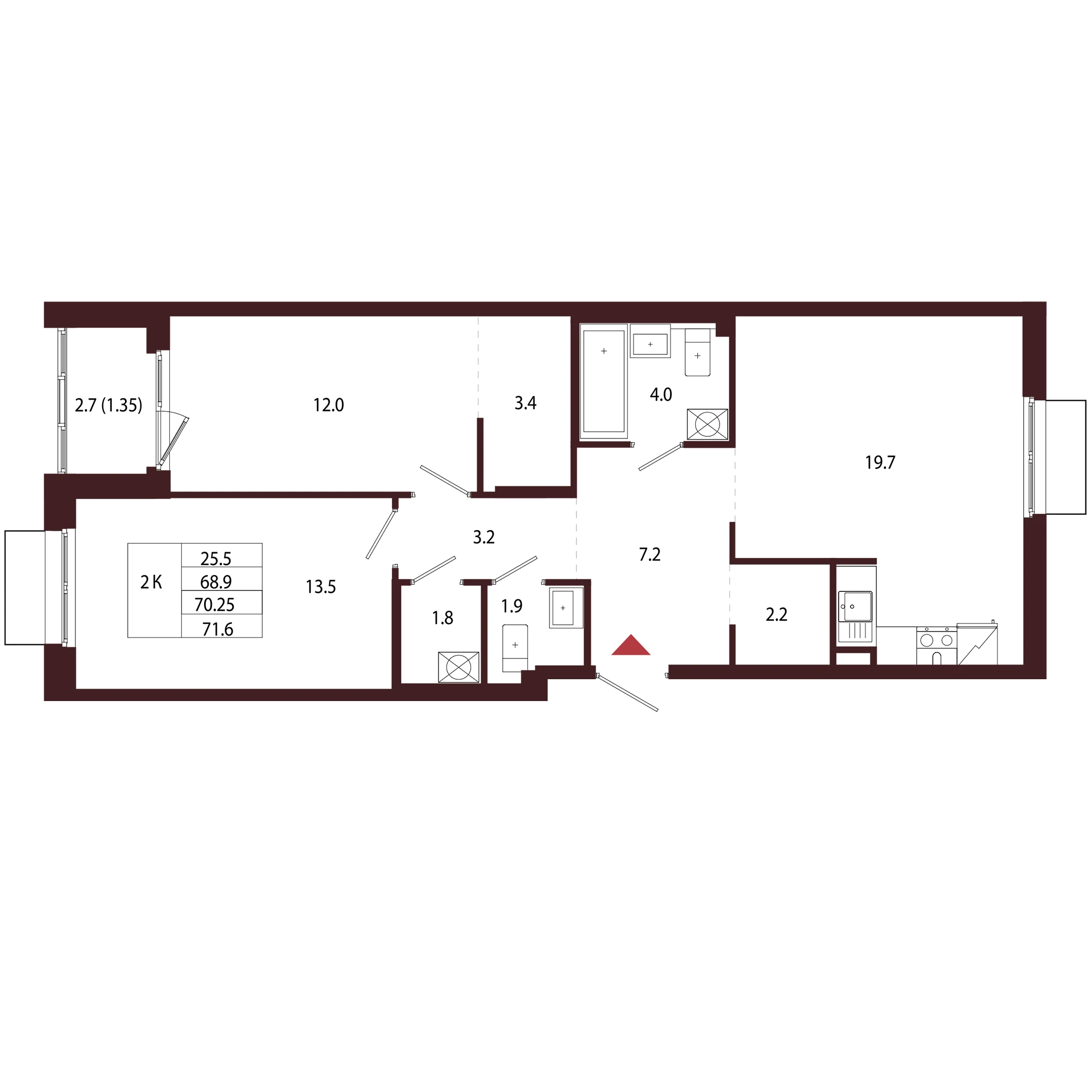 Планировка 2-комнатная 70,2 м² в ЖК «Город-парк «Лисино» — Город-парк «Лисино»