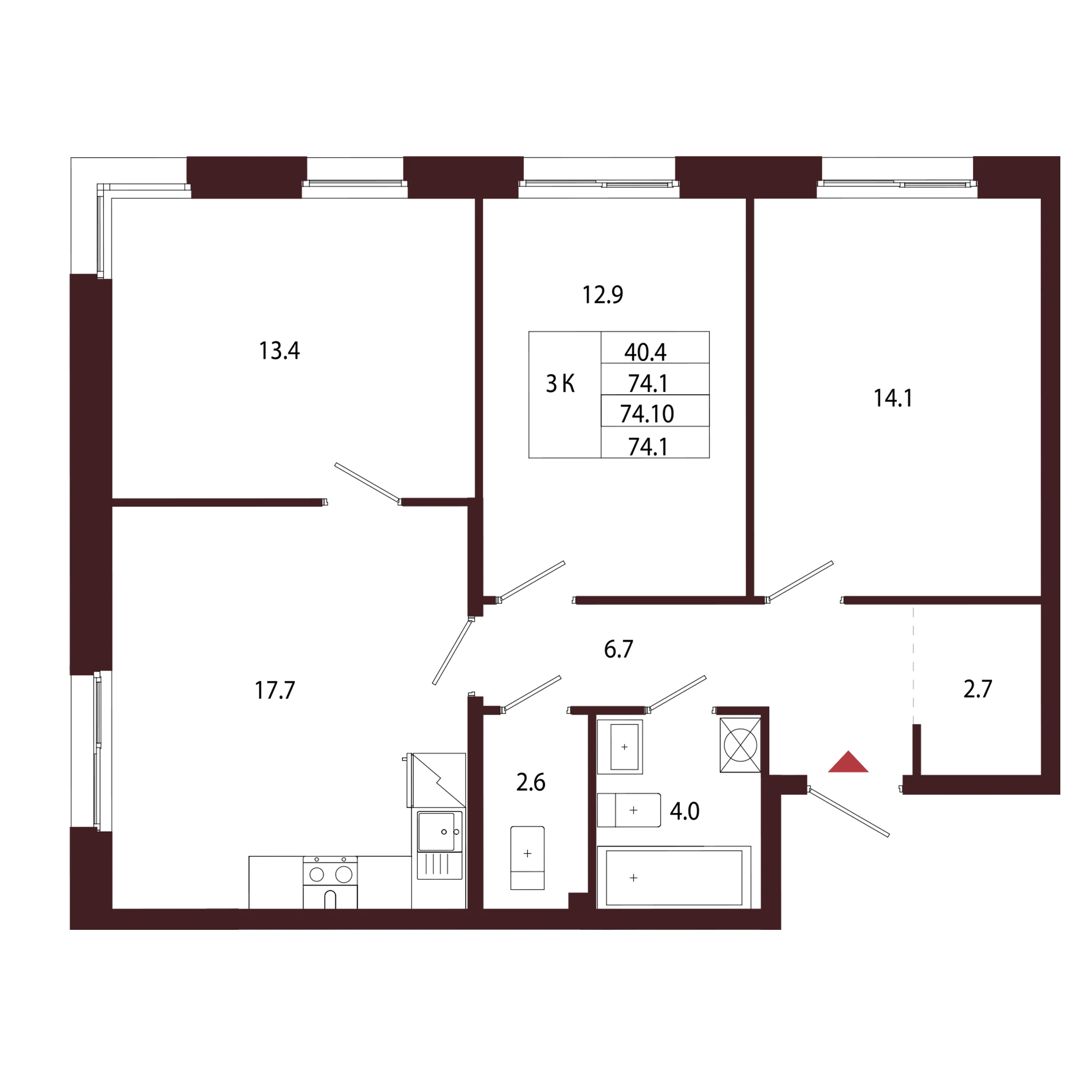 Планировка 3-комнатная 74,1 м² в ЖК «Город-парк «Лисино» — Город-парк «Лисино»
