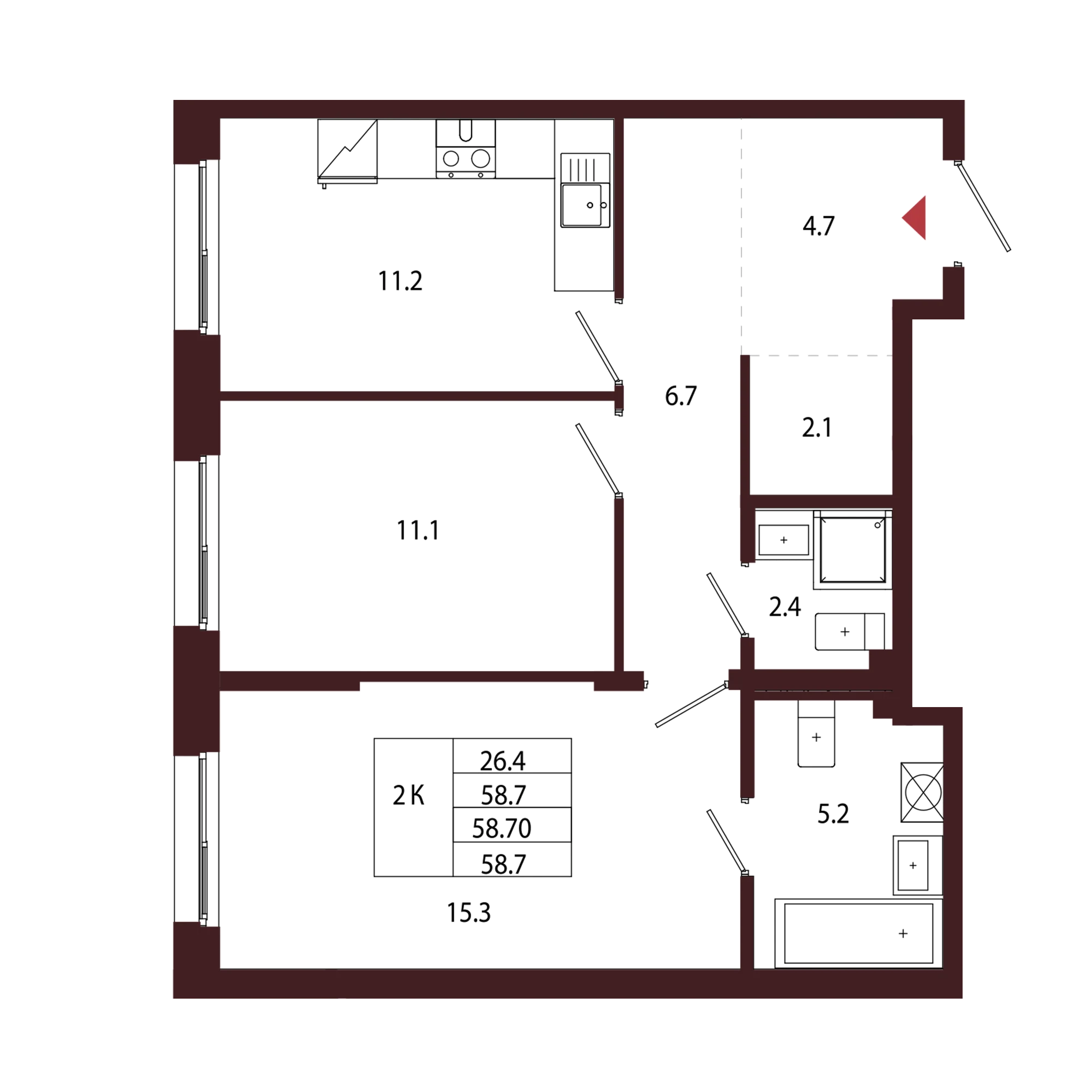 Планировка 2-комнатная 58,7 м² в ЖК «Город-парк «Лисино» — Город-парк «Лисино»